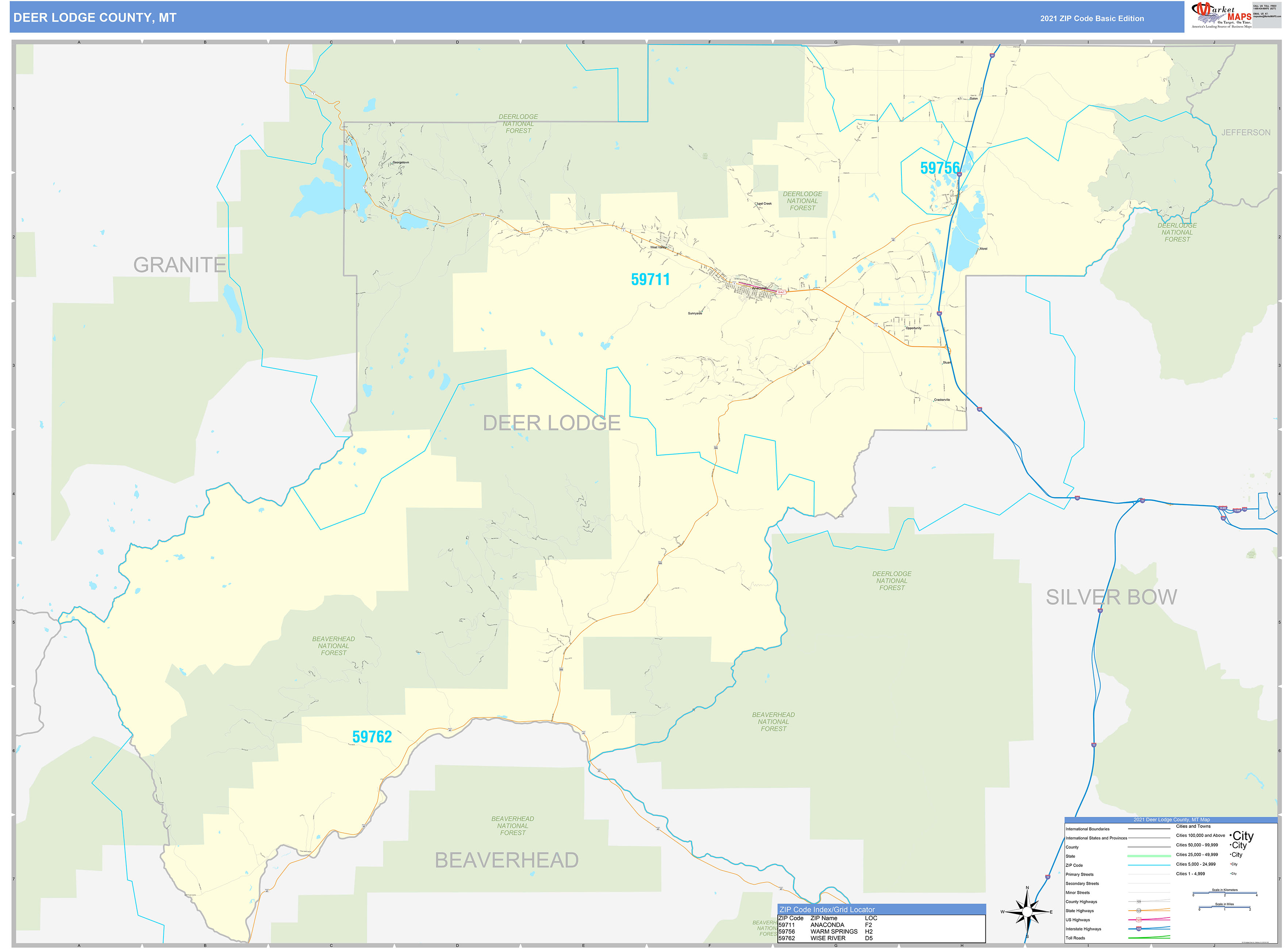 Deer Lodge County, MT Zip Code Wall Map Basic Style by MarketMAPS