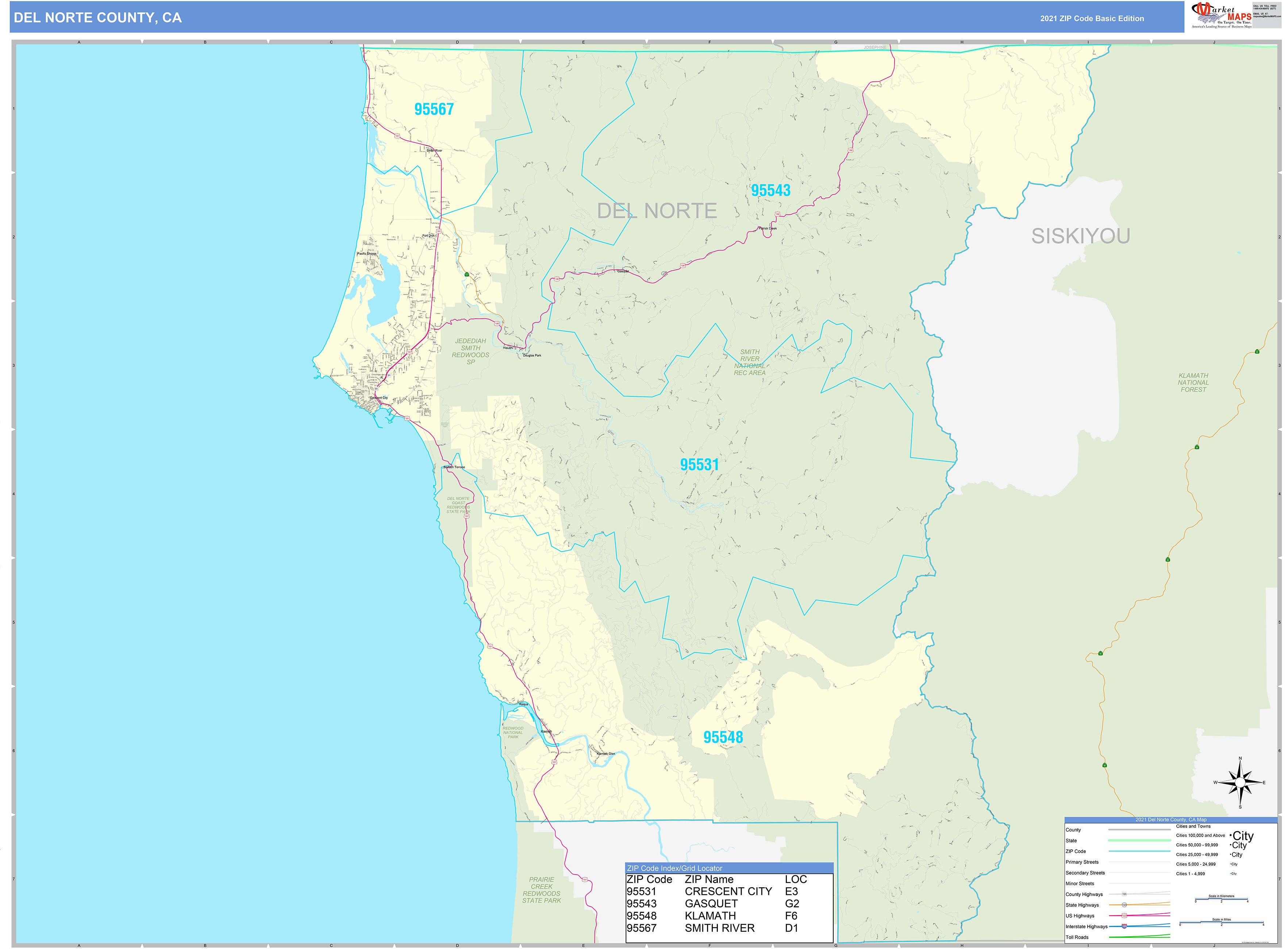 Del Norte County, CA Zip Code Wall Map Basic Style by MarketMAPS