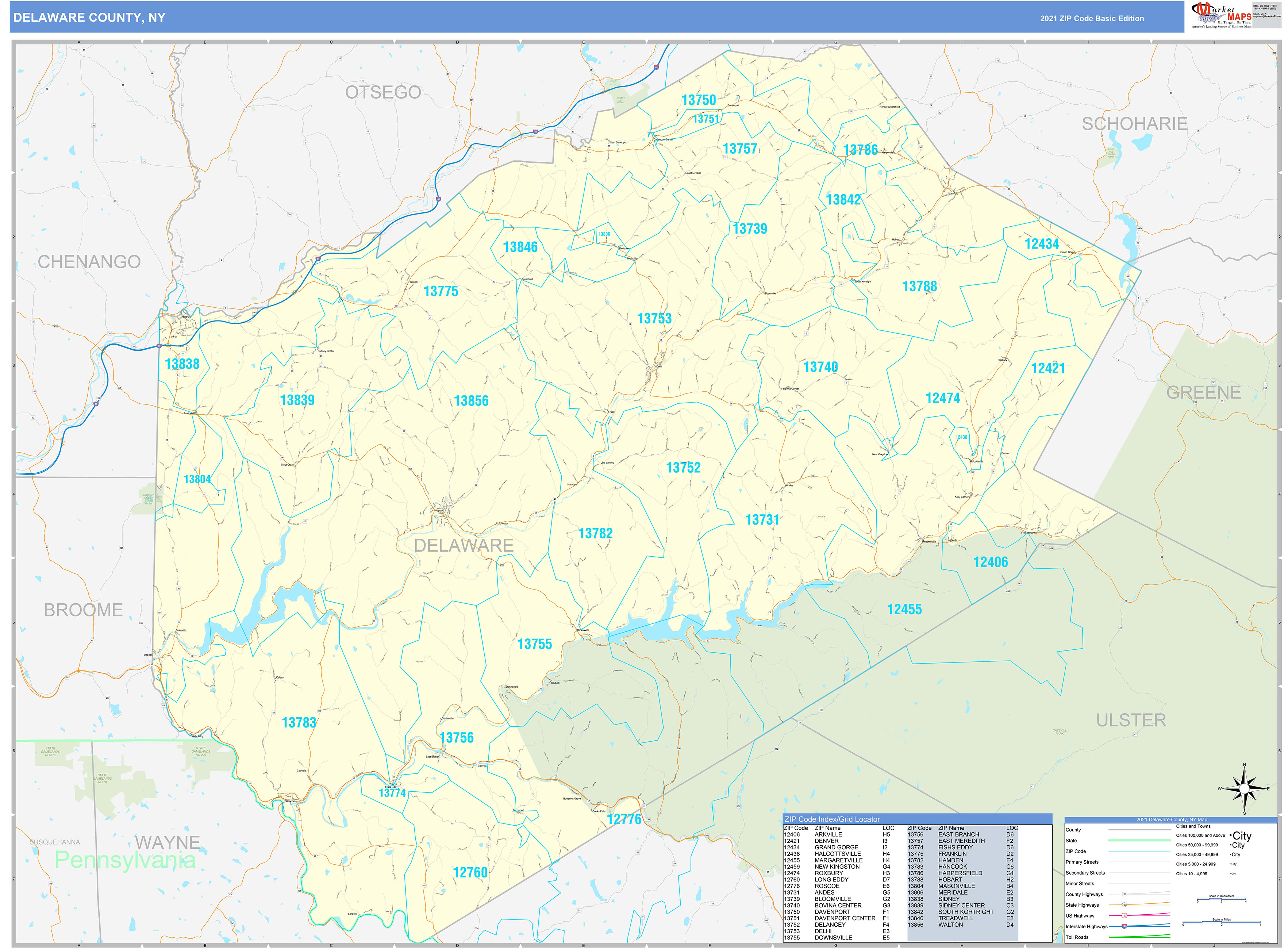 Delaware County, NY Zip Code Wall Map Basic Style by MarketMAPS MapSales