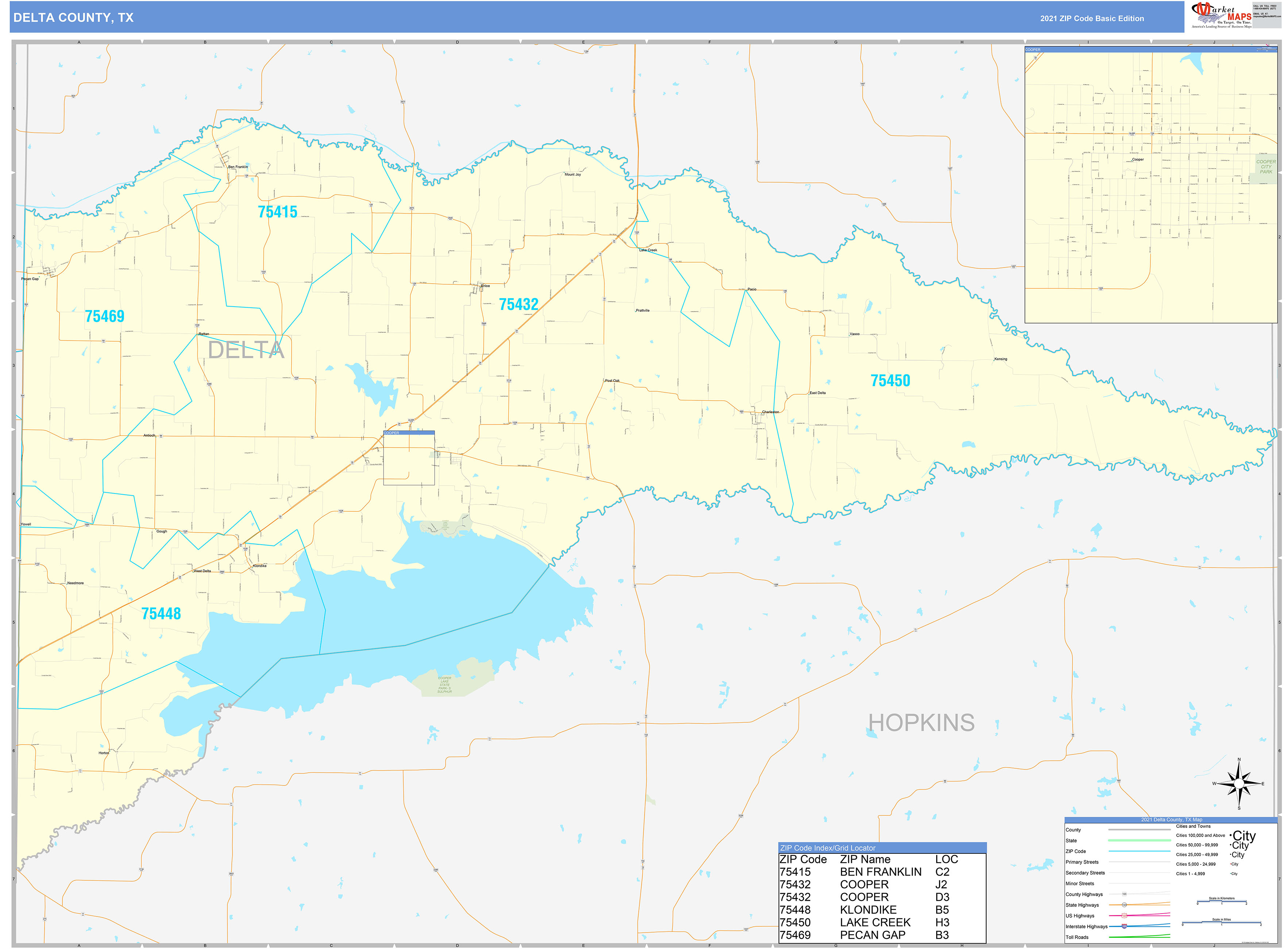 Delta County, TX Zip Code Wall Map Basic Style by MarketMAPS MapSales