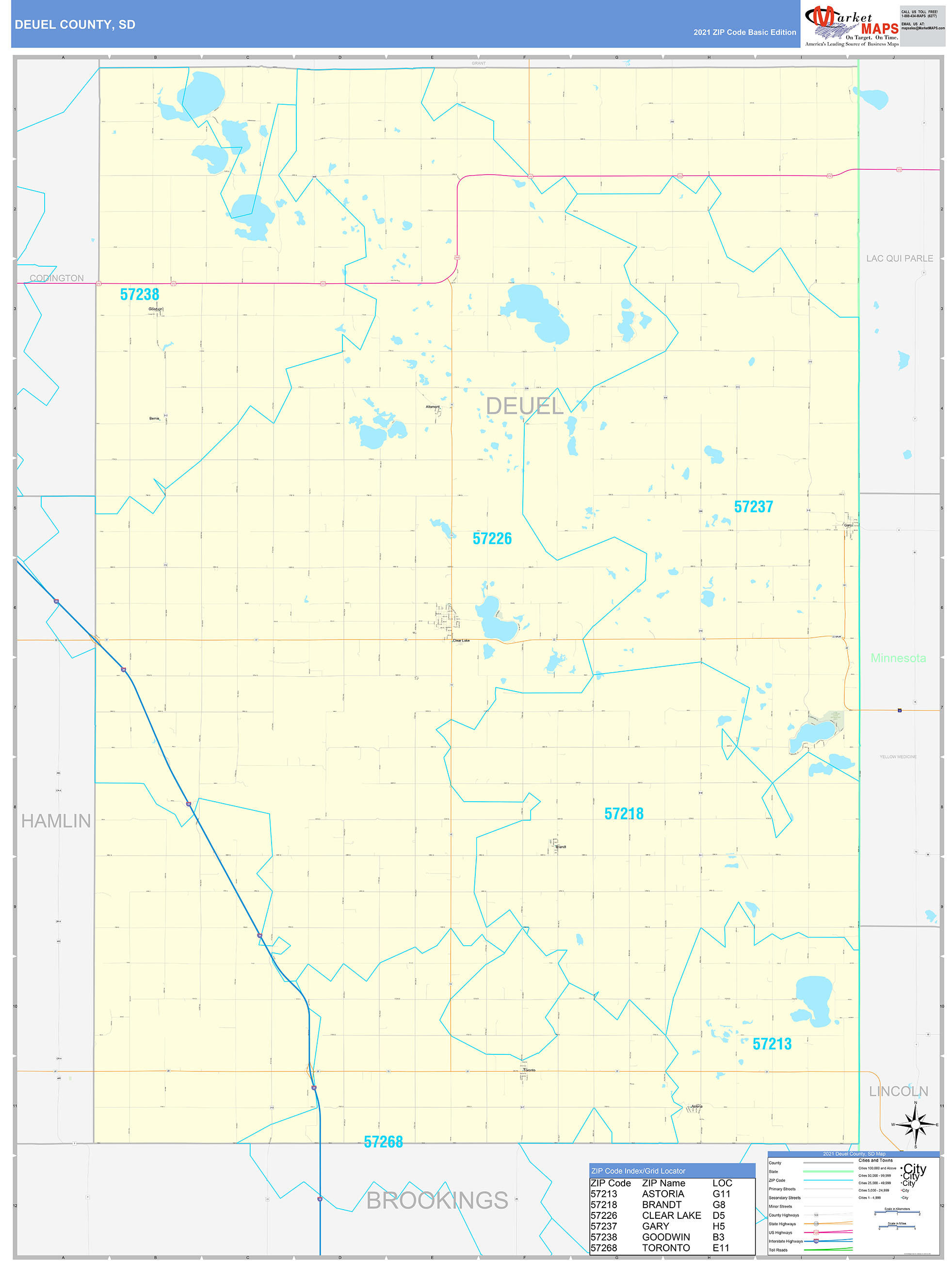 Deuel County, SD Zip Code Wall Map Basic Style by MarketMAPS