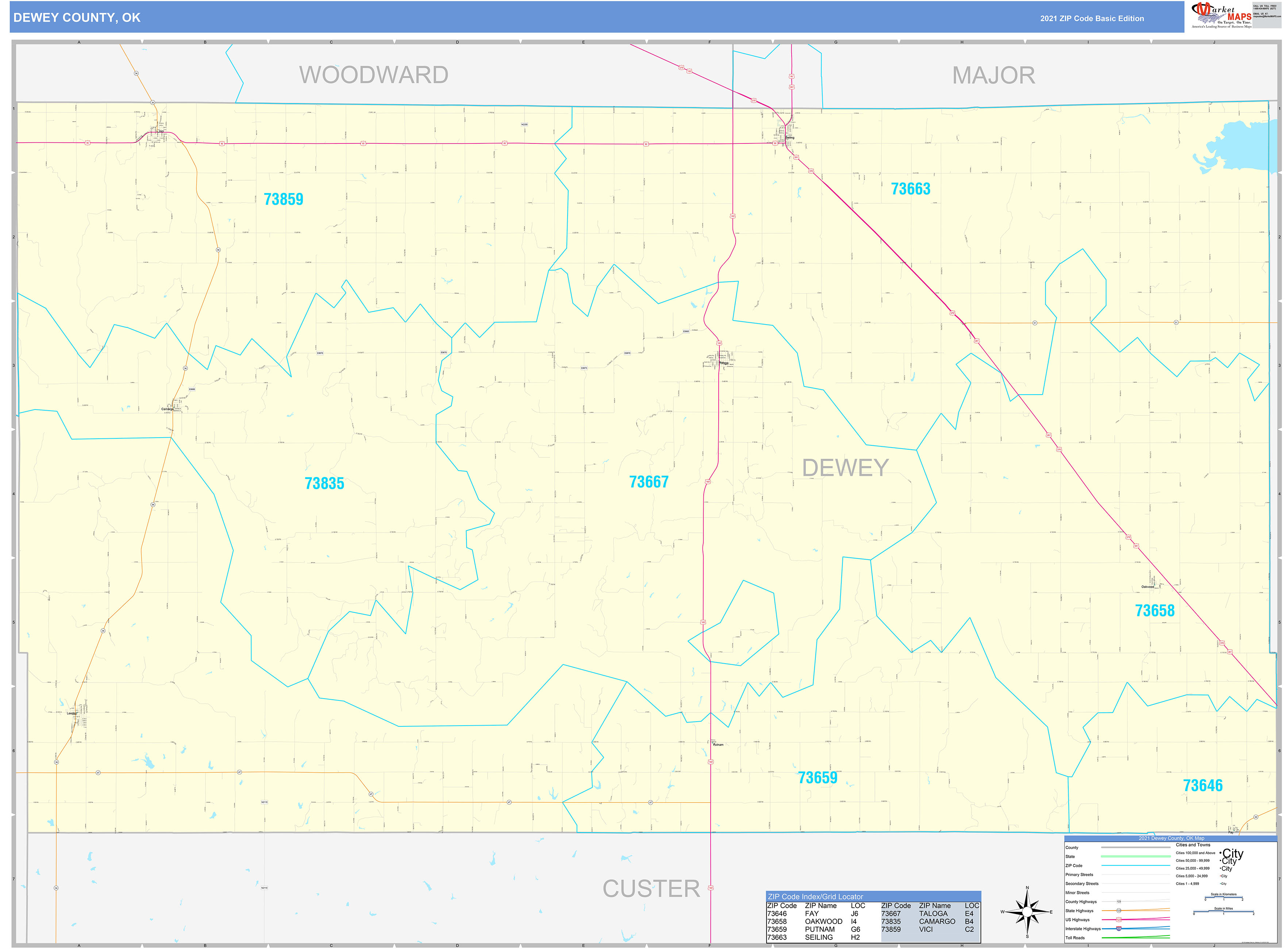 Dewey County, OK Zip Code Wall Map Basic Style by MarketMAPS