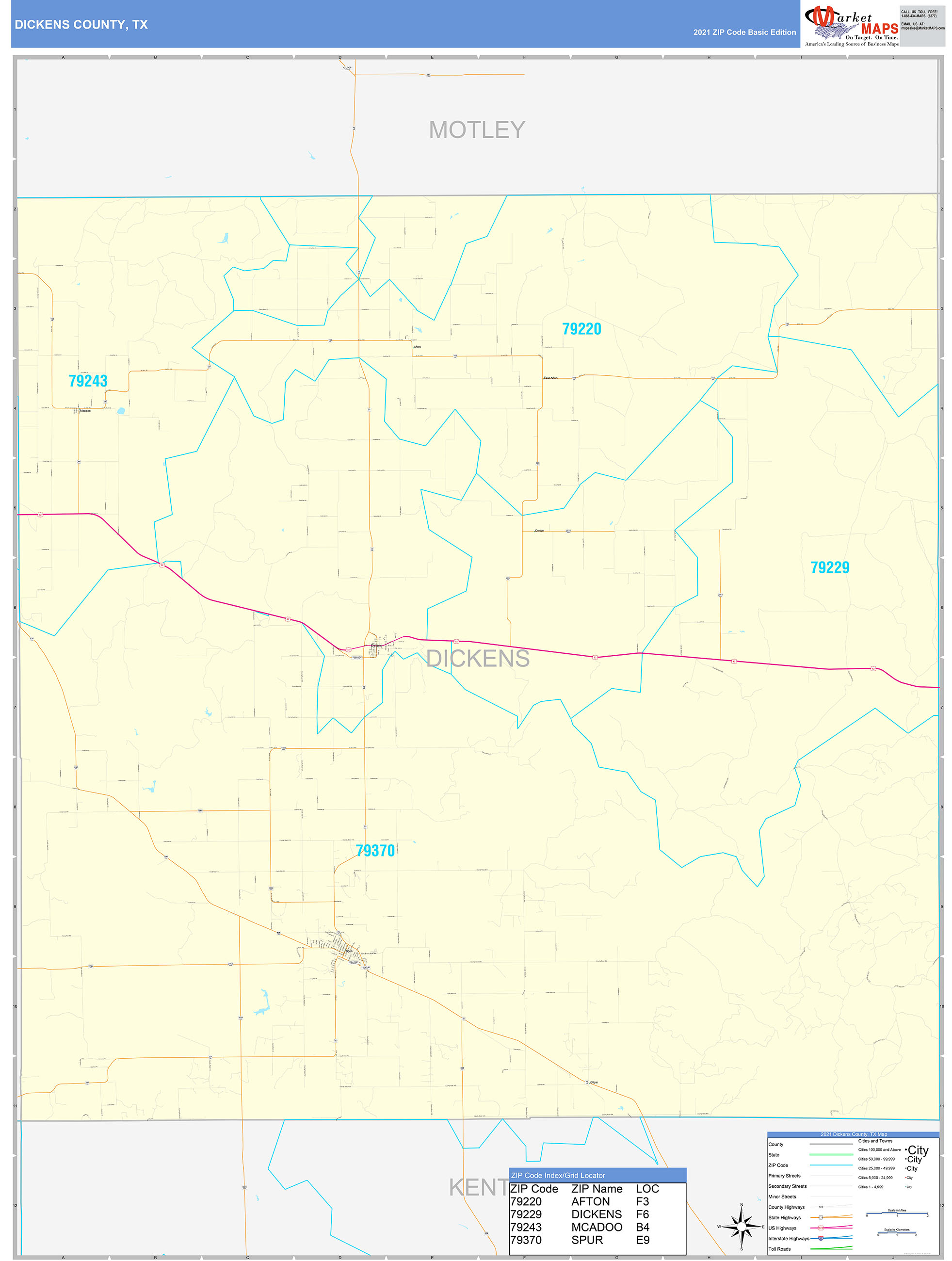 Dickens County, TX Zip Code Wall Map Basic Style by MarketMAPS MapSales