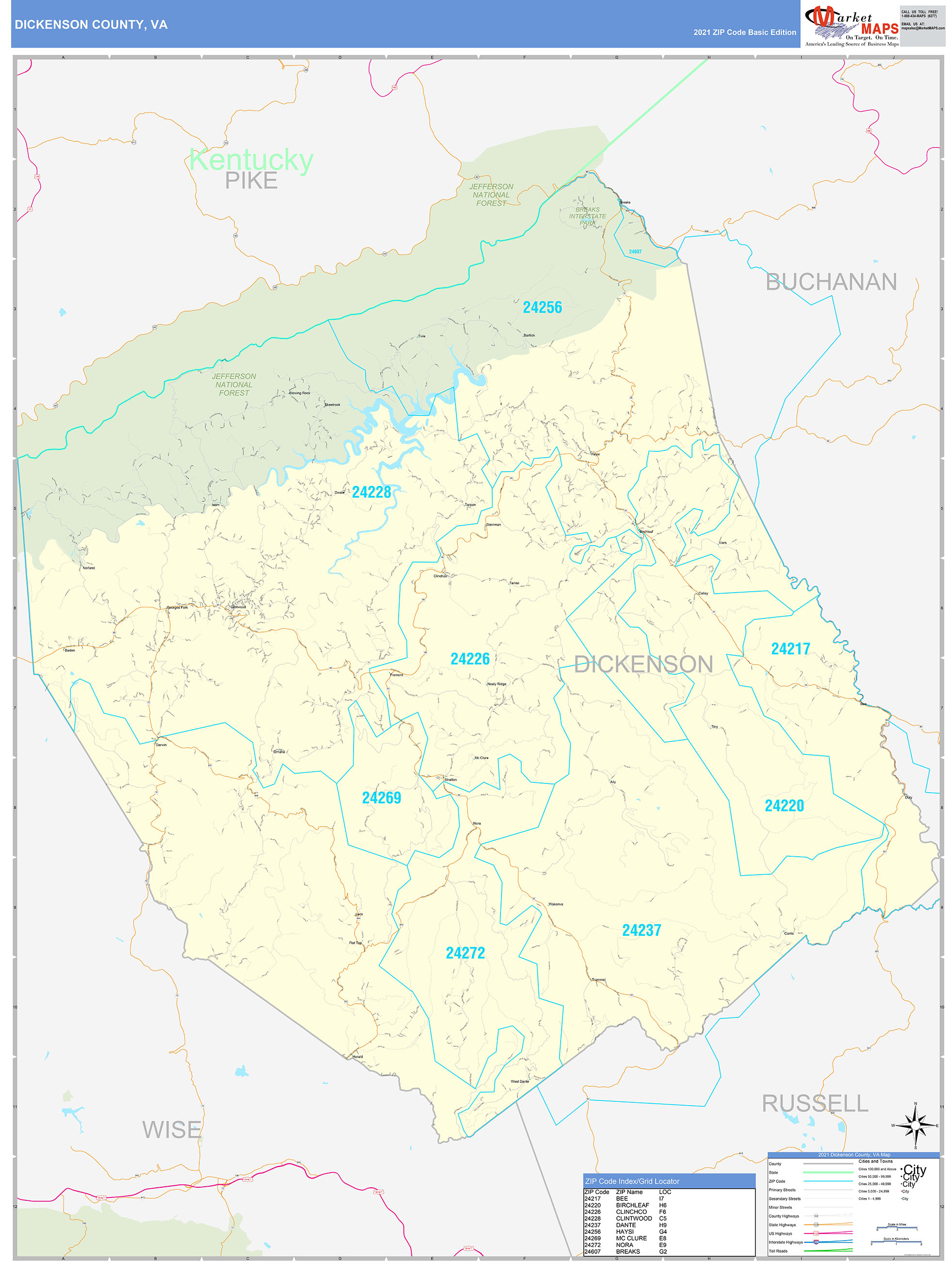 Dickenson County, VA Zip Code Wall Map Basic Style by MarketMAPS