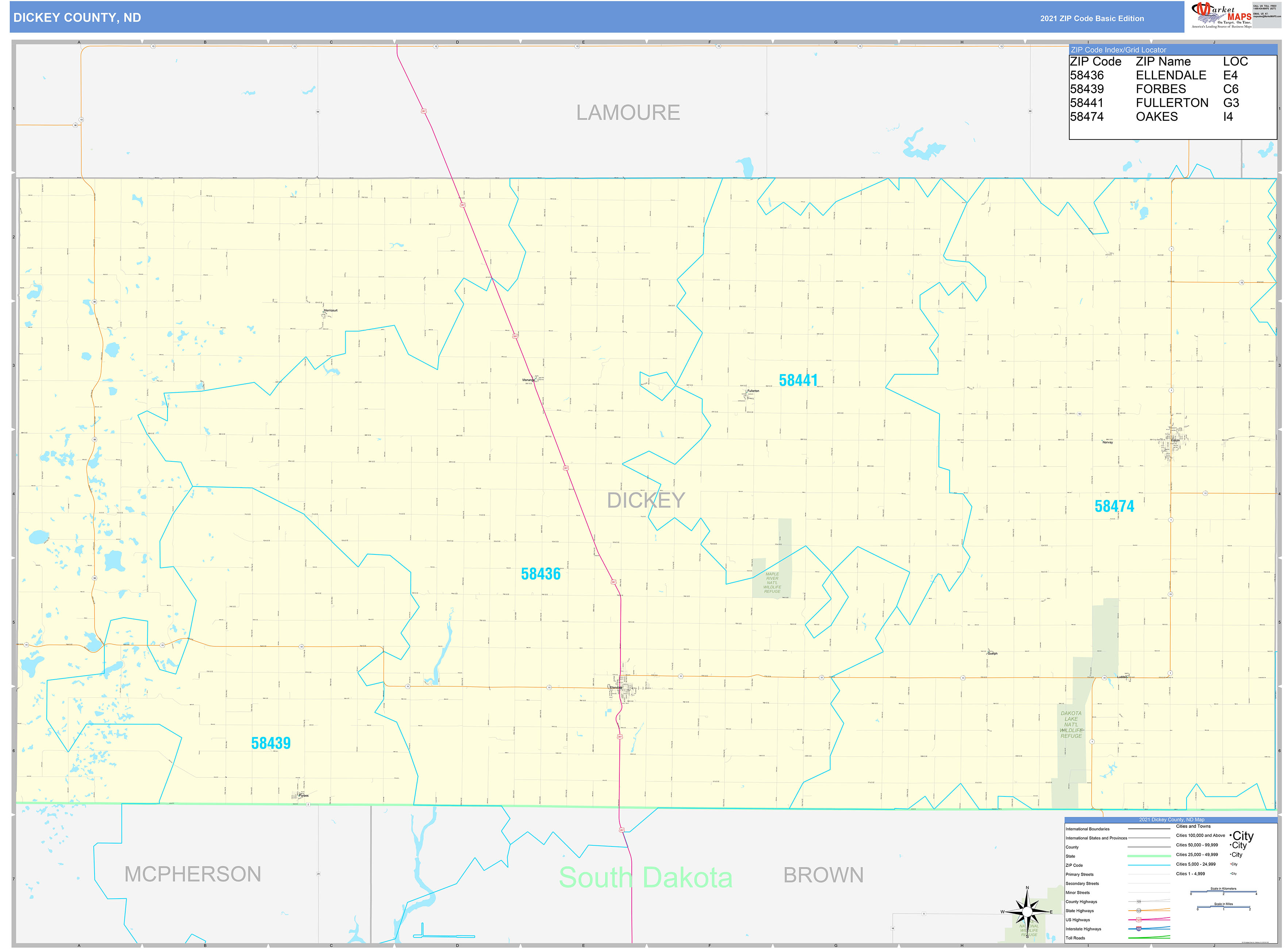 Dickey County, ND Zip Code Wall Map Basic Style by MarketMAPS MapSales