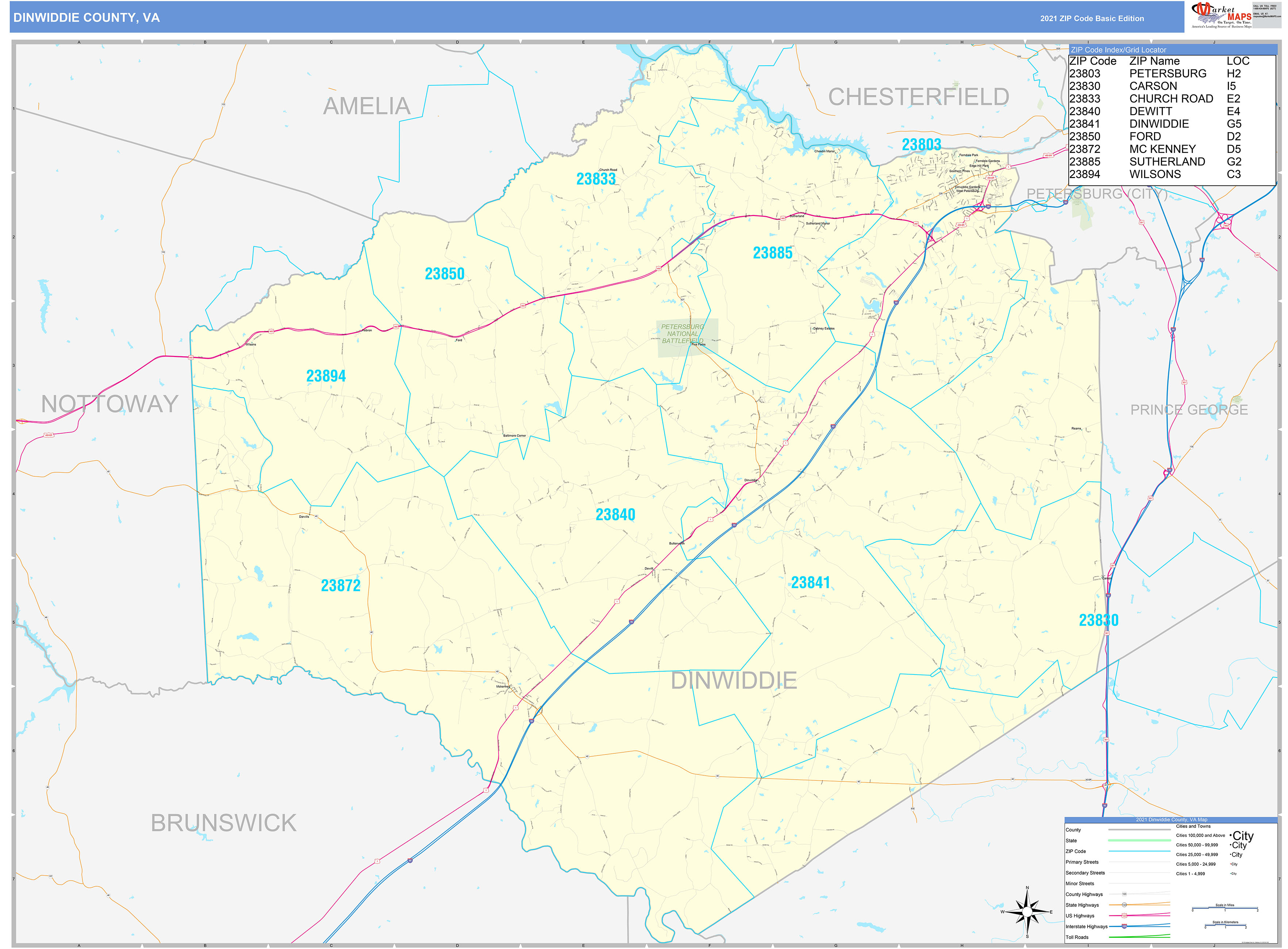 Dinwiddie County, VA Zip Code Wall Map Basic Style by MarketMAPS