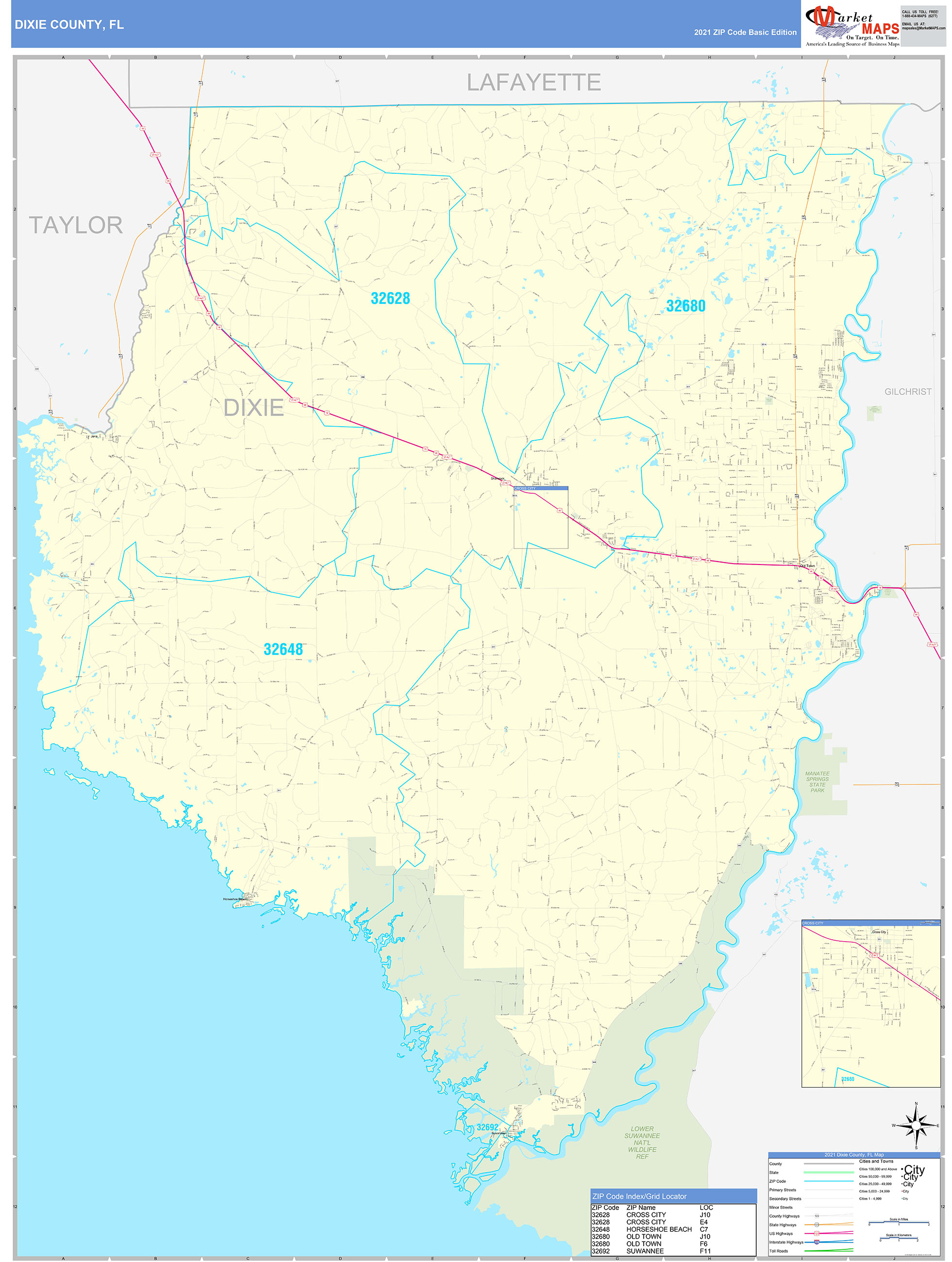 Dixie County, FL Zip Code Wall Map Basic Style by MarketMAPS MapSales