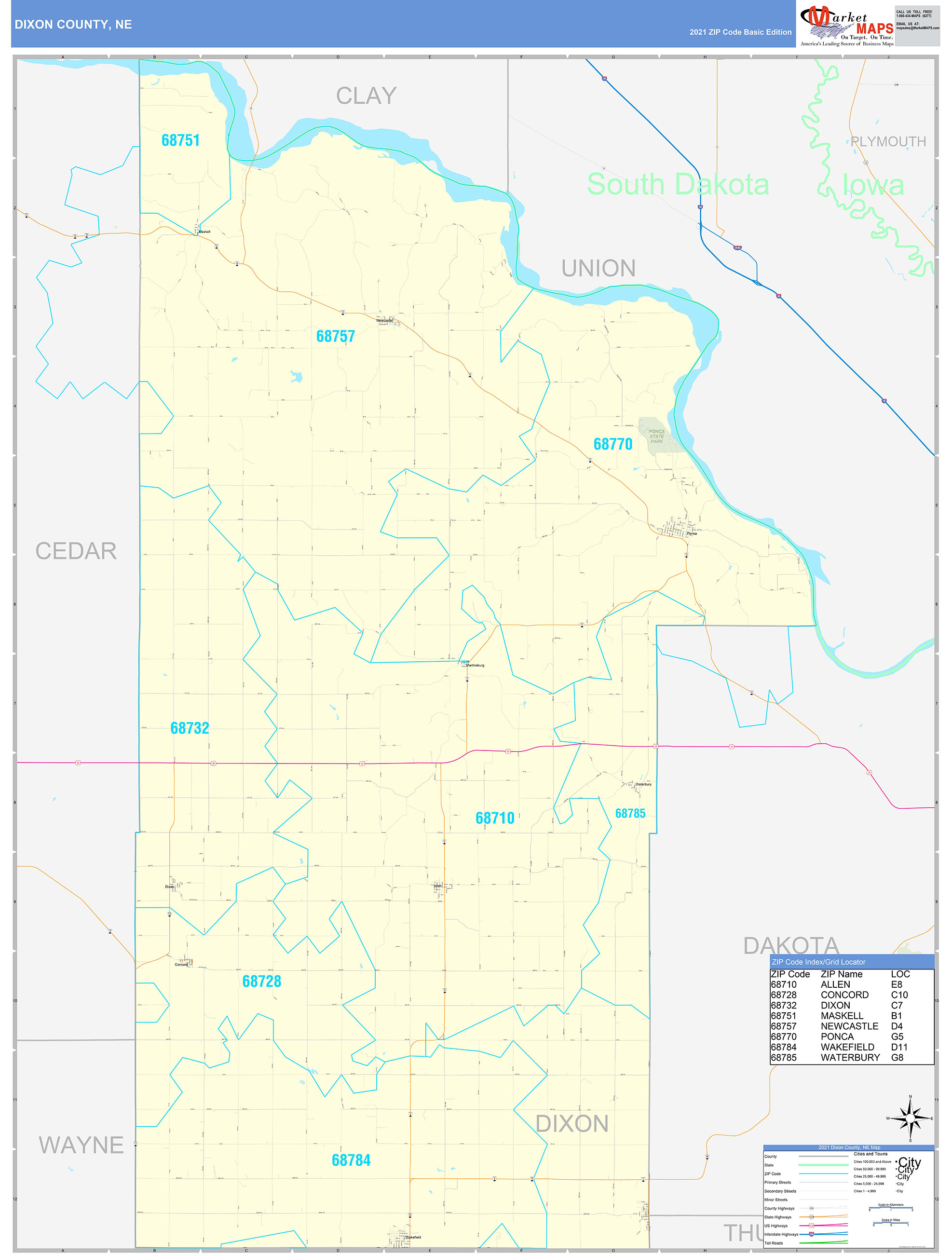 Dixon County, NE Zip Code Wall Map Basic Style by MarketMAPS MapSales