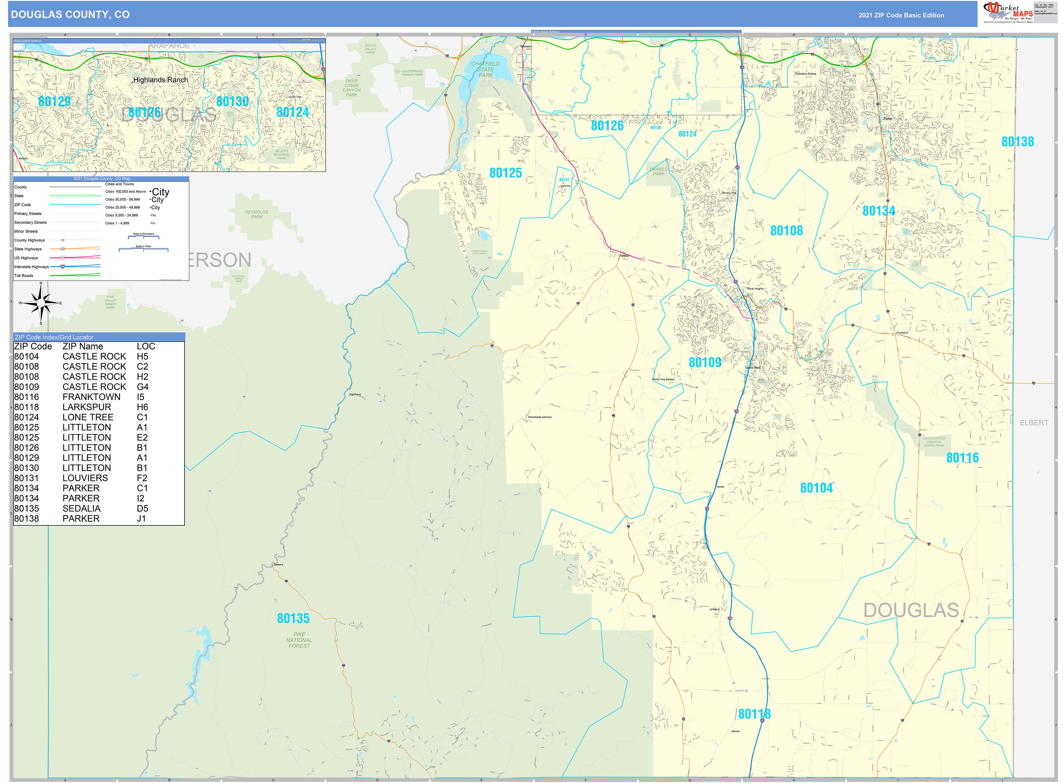 Douglas County, CO Zip Code Wall Map Basic Style by MarketMAPS MapSales