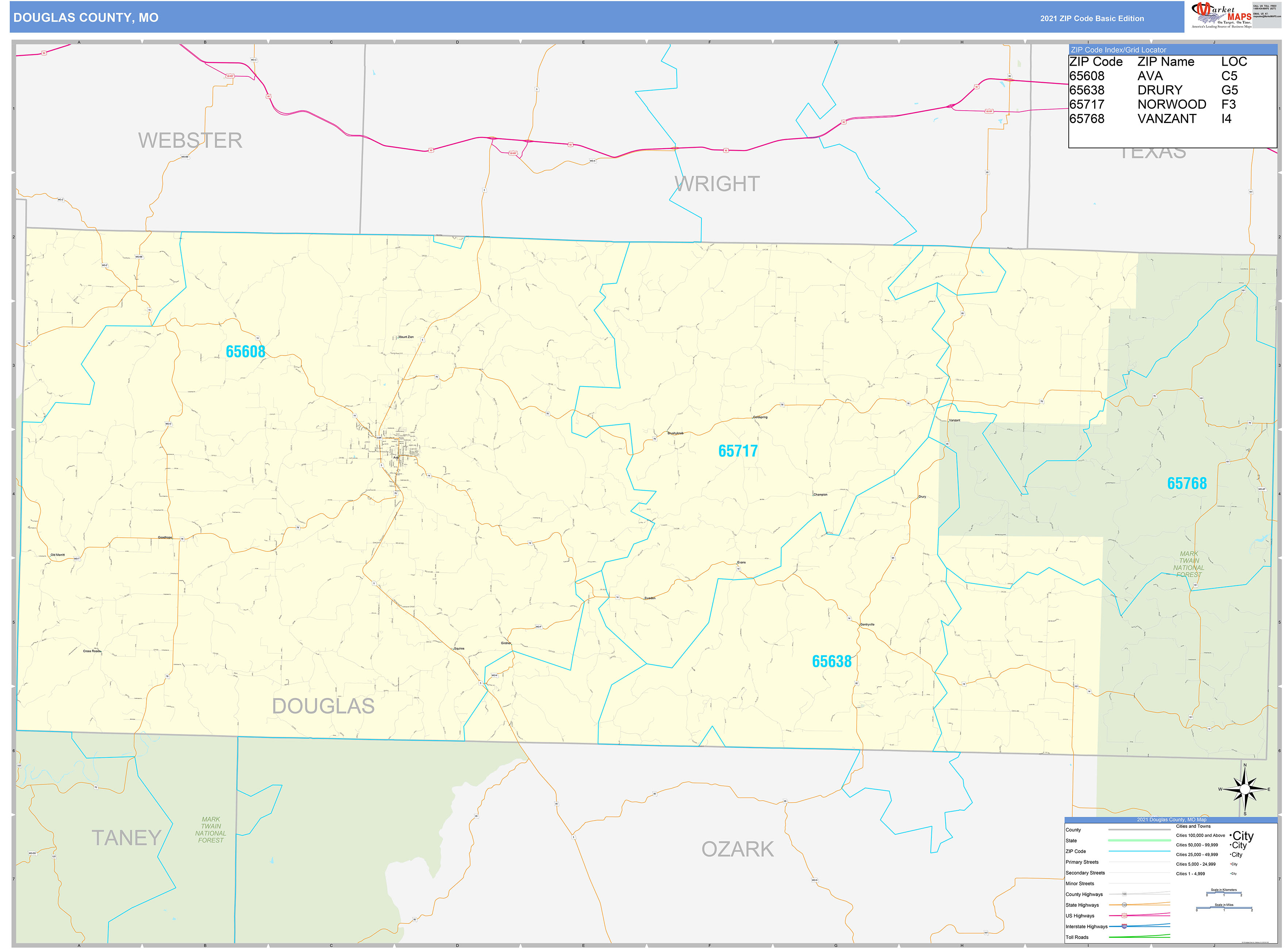 Douglas County, MO Zip Code Wall Map Basic Style by MarketMAPS MapSales
