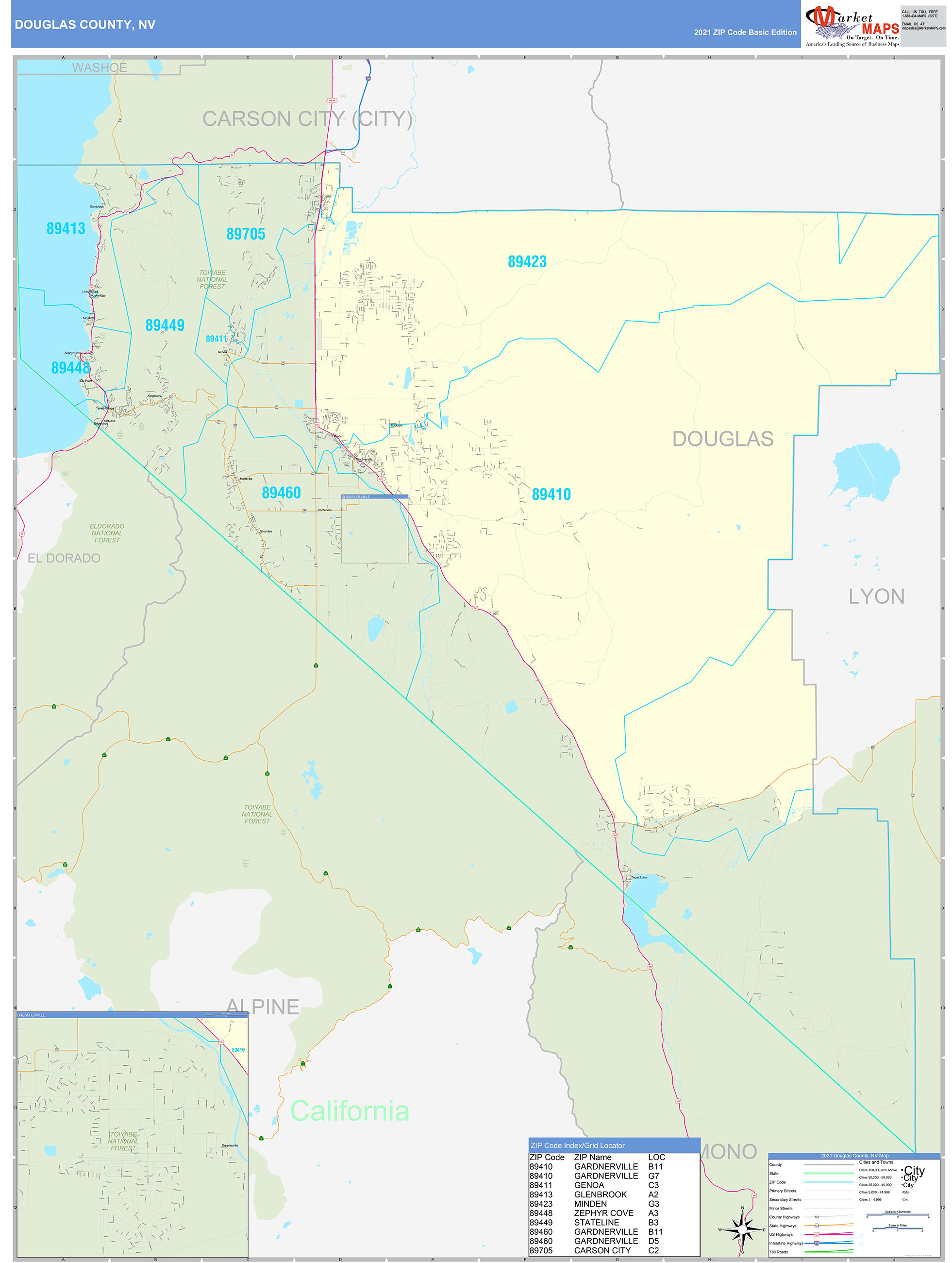 Douglas County, NV Zip Code Wall Map Basic Style by MarketMAPS MapSales