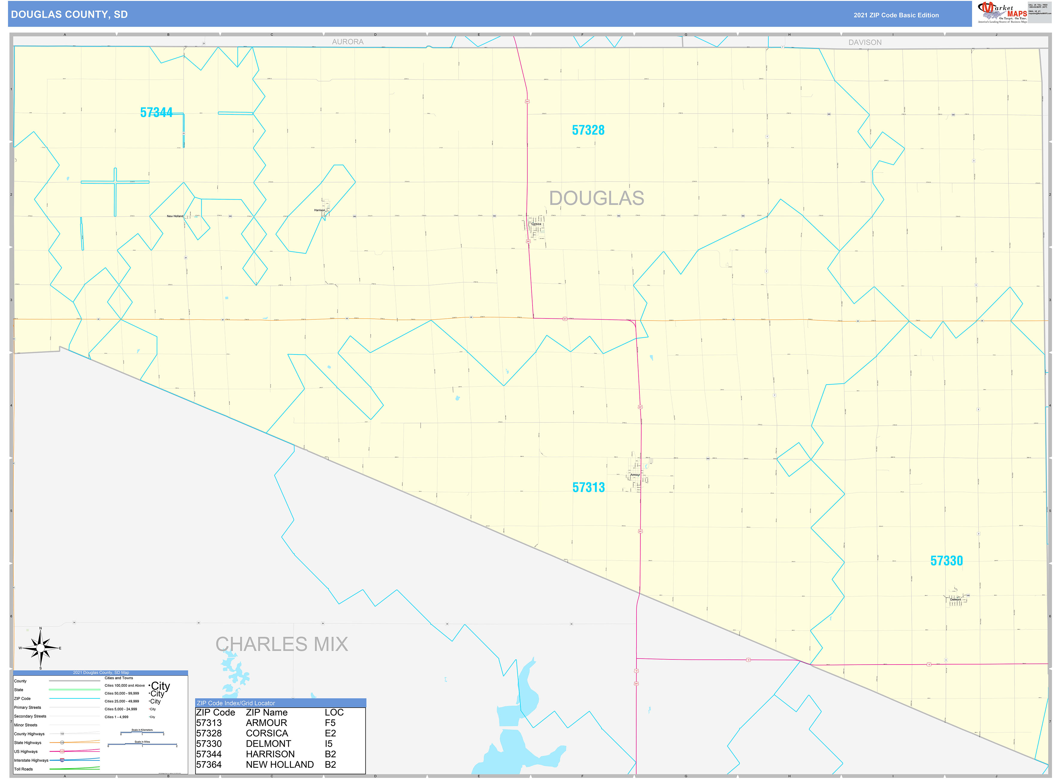 Douglas County, SD Zip Code Wall Map Basic Style by MarketMAPS MapSales