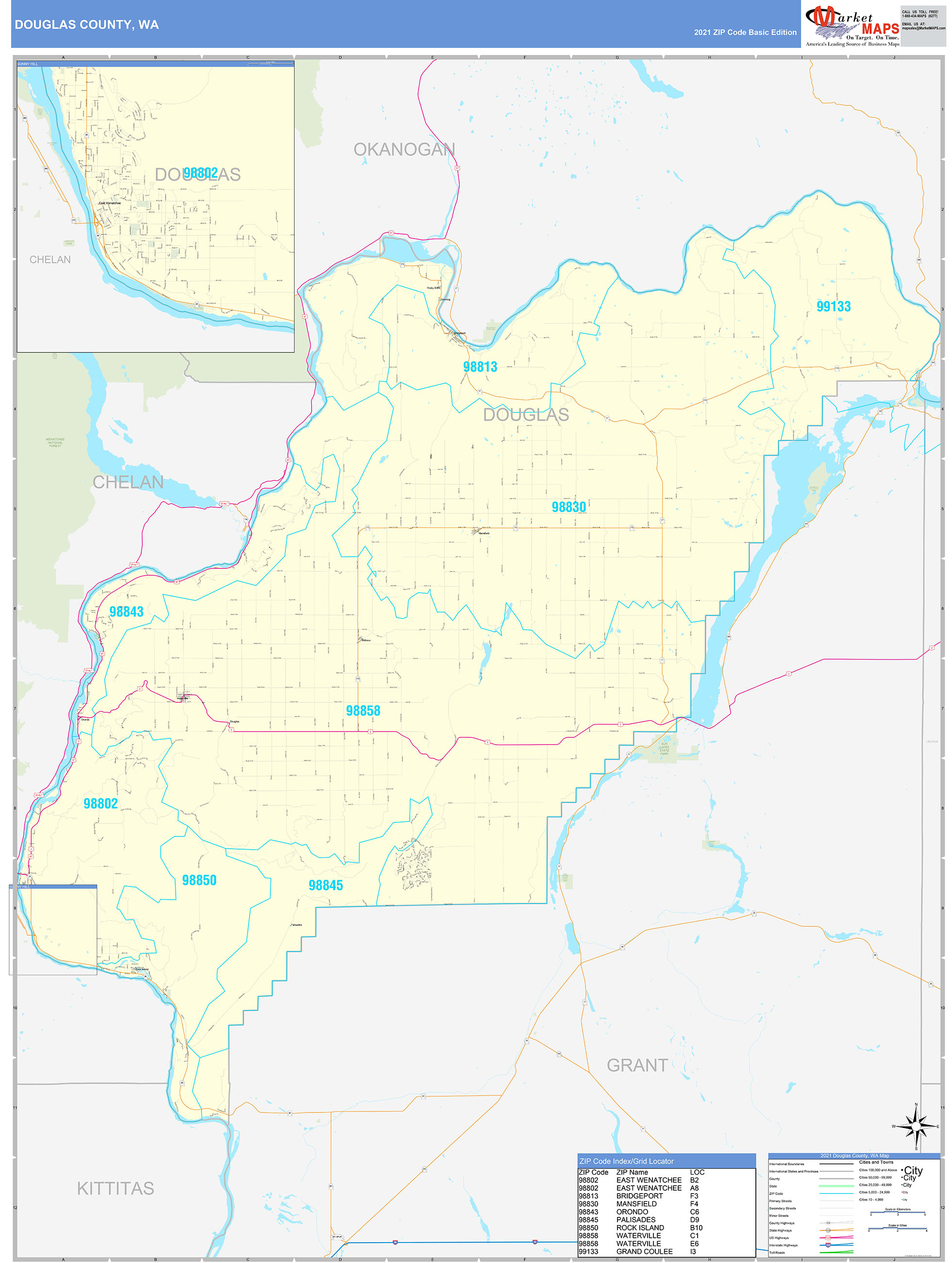 Douglas County, WA Zip Code Wall Map Basic Style by MarketMAPS