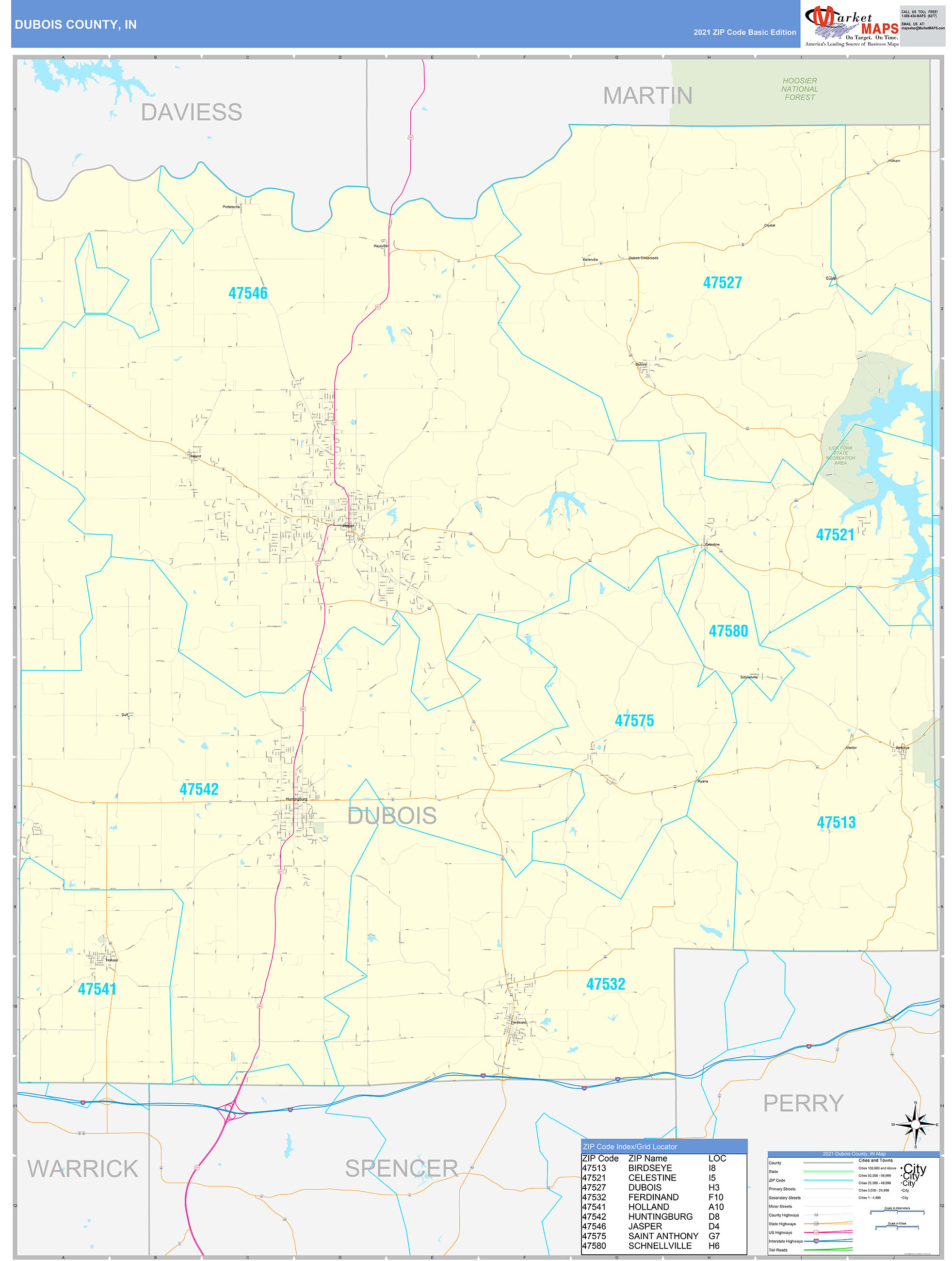 Dubois County, IN Zip Code Wall Map Basic Style by MarketMAPS