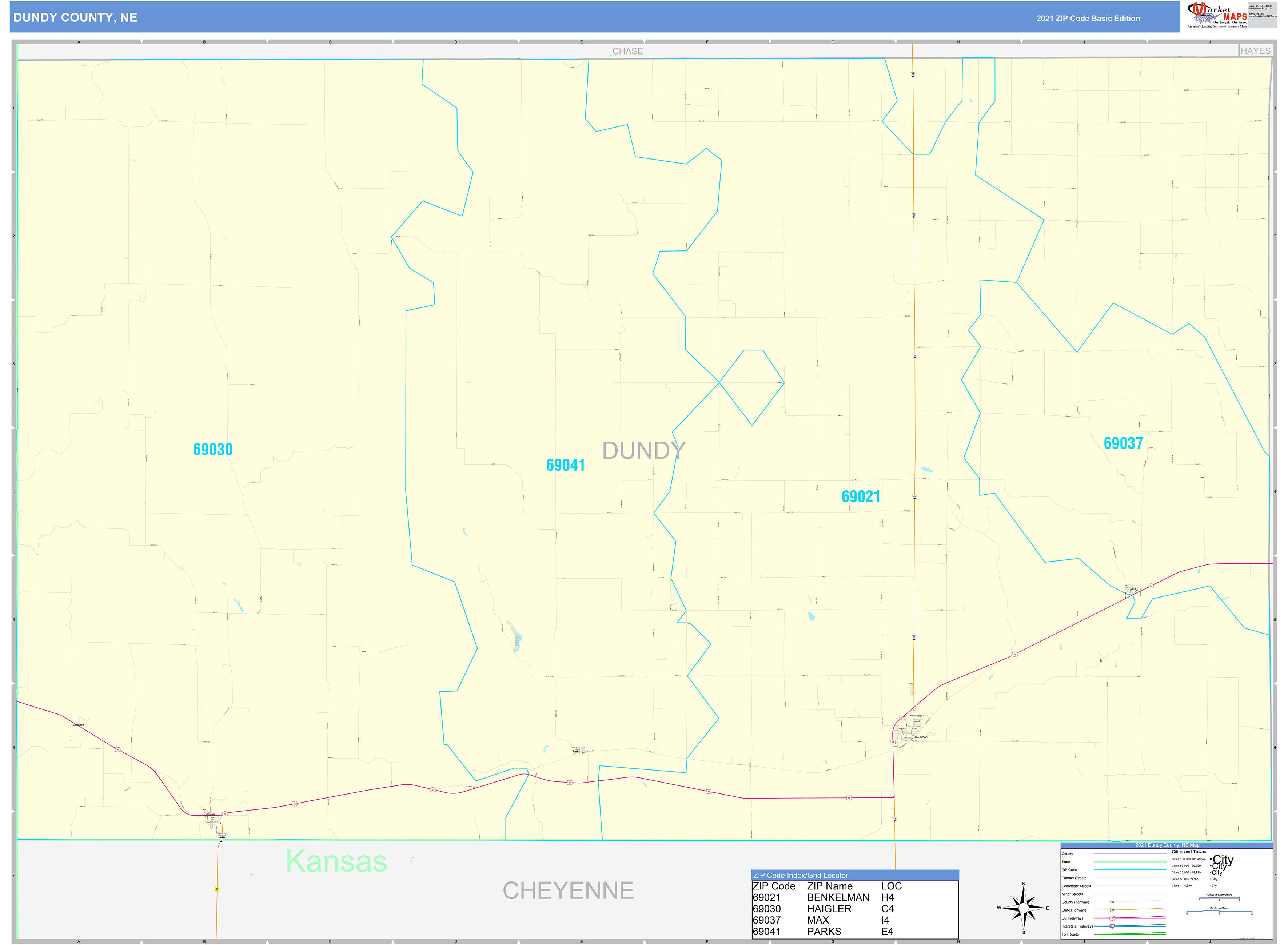 Dundy County, NE Zip Code Wall Map Basic Style by MarketMAPS