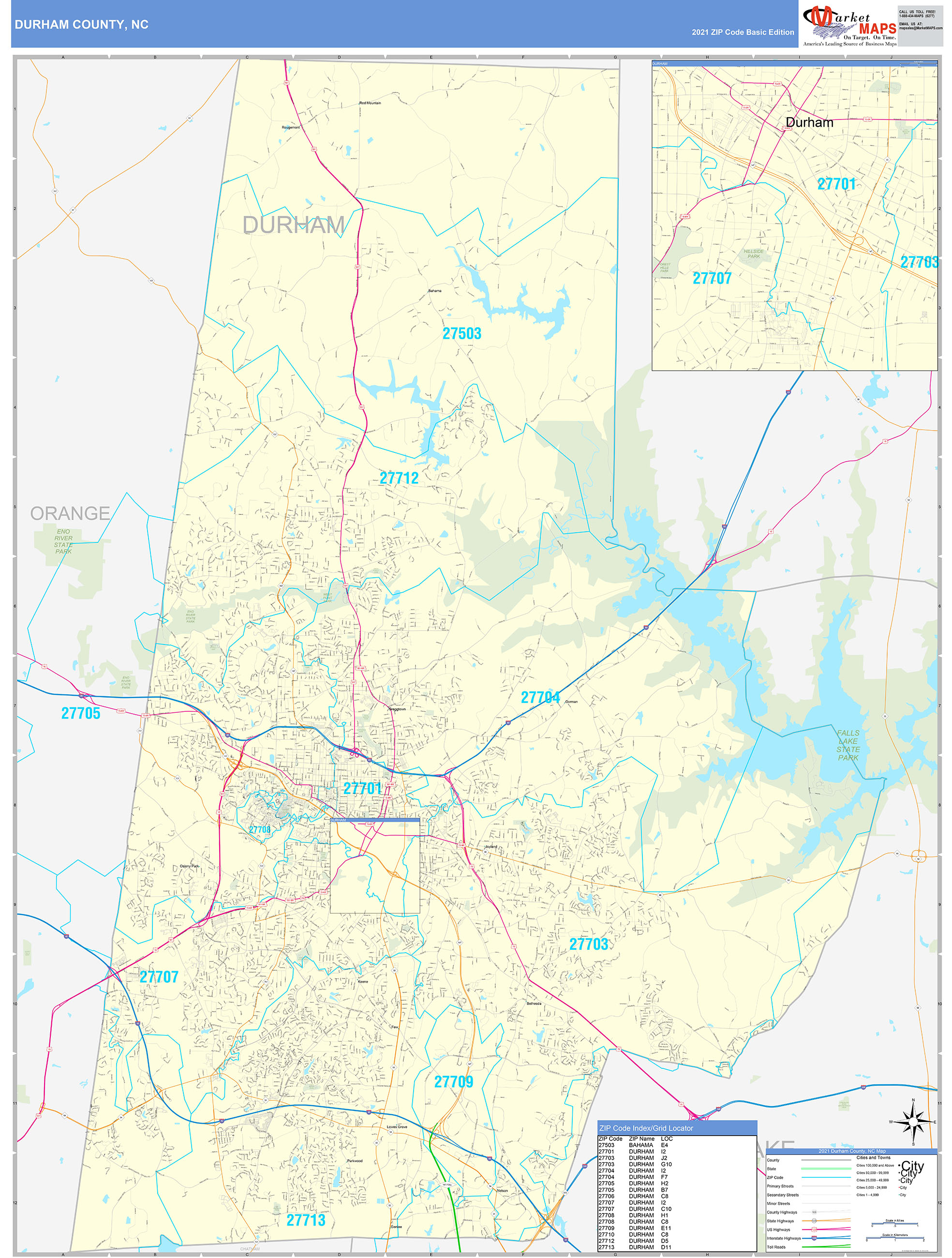  Durham  County NC  Zip Code Wall Map  Basic Style by MarketMAPS