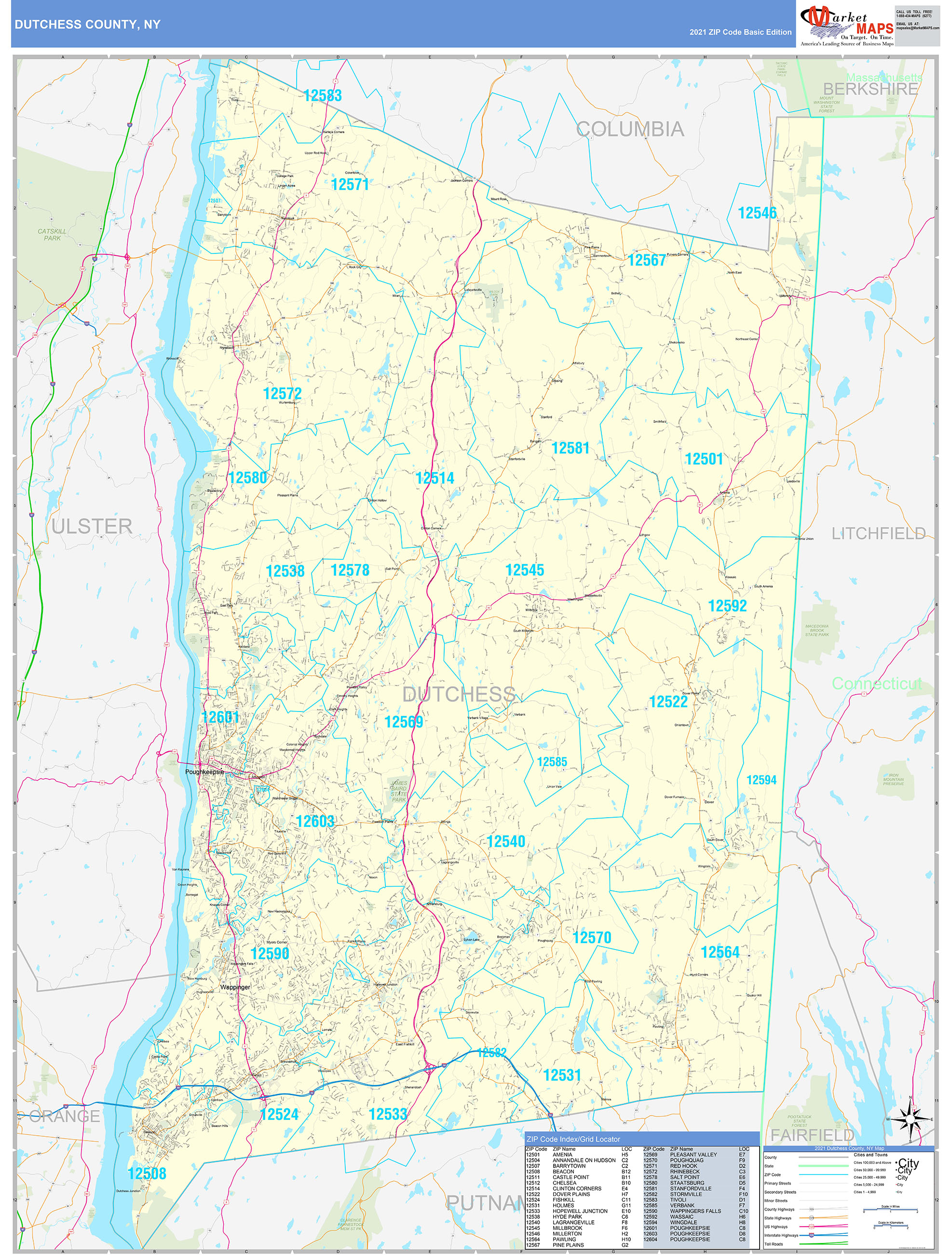 Dutchess County, NY Zip Code Wall Map Basic Style by MarketMAPS
