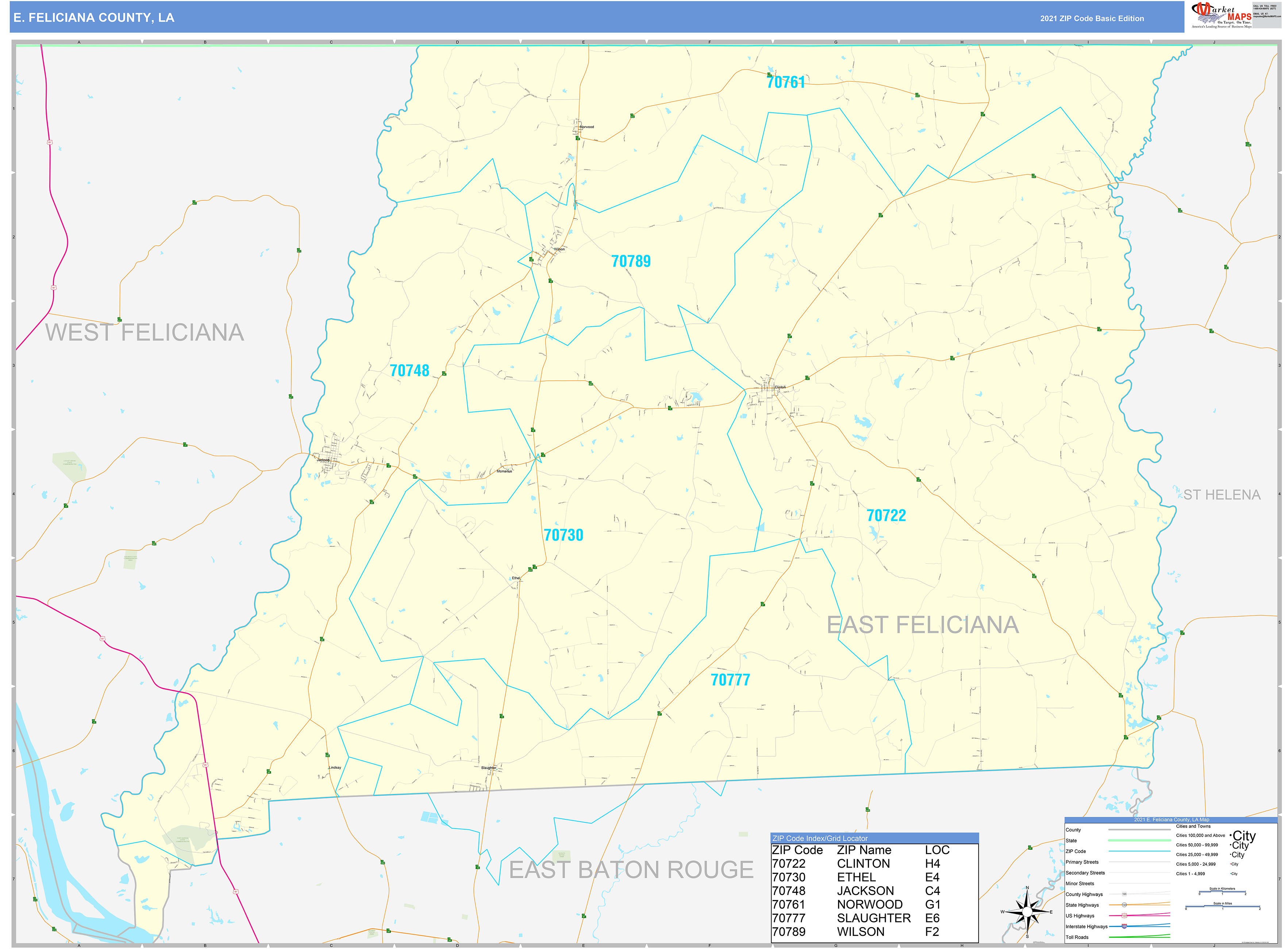 E. Feliciana County, LA Zip Code Wall Map Basic Style by MarketMAPS