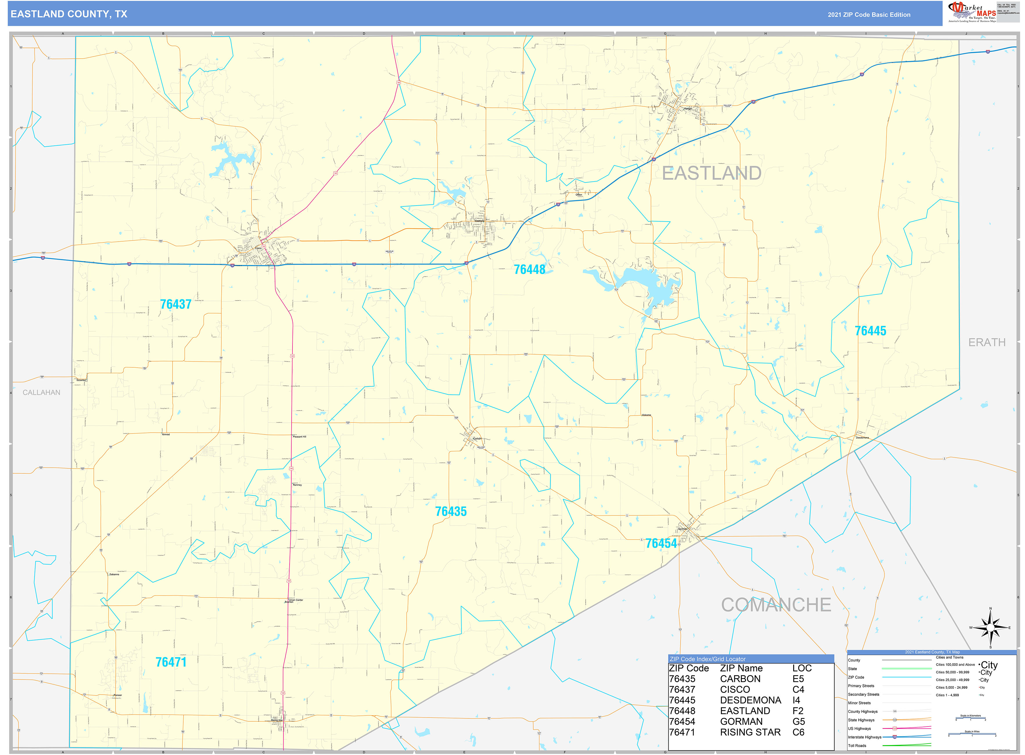 Eastland County, TX Zip Code Wall Map Basic Style by MarketMAPS