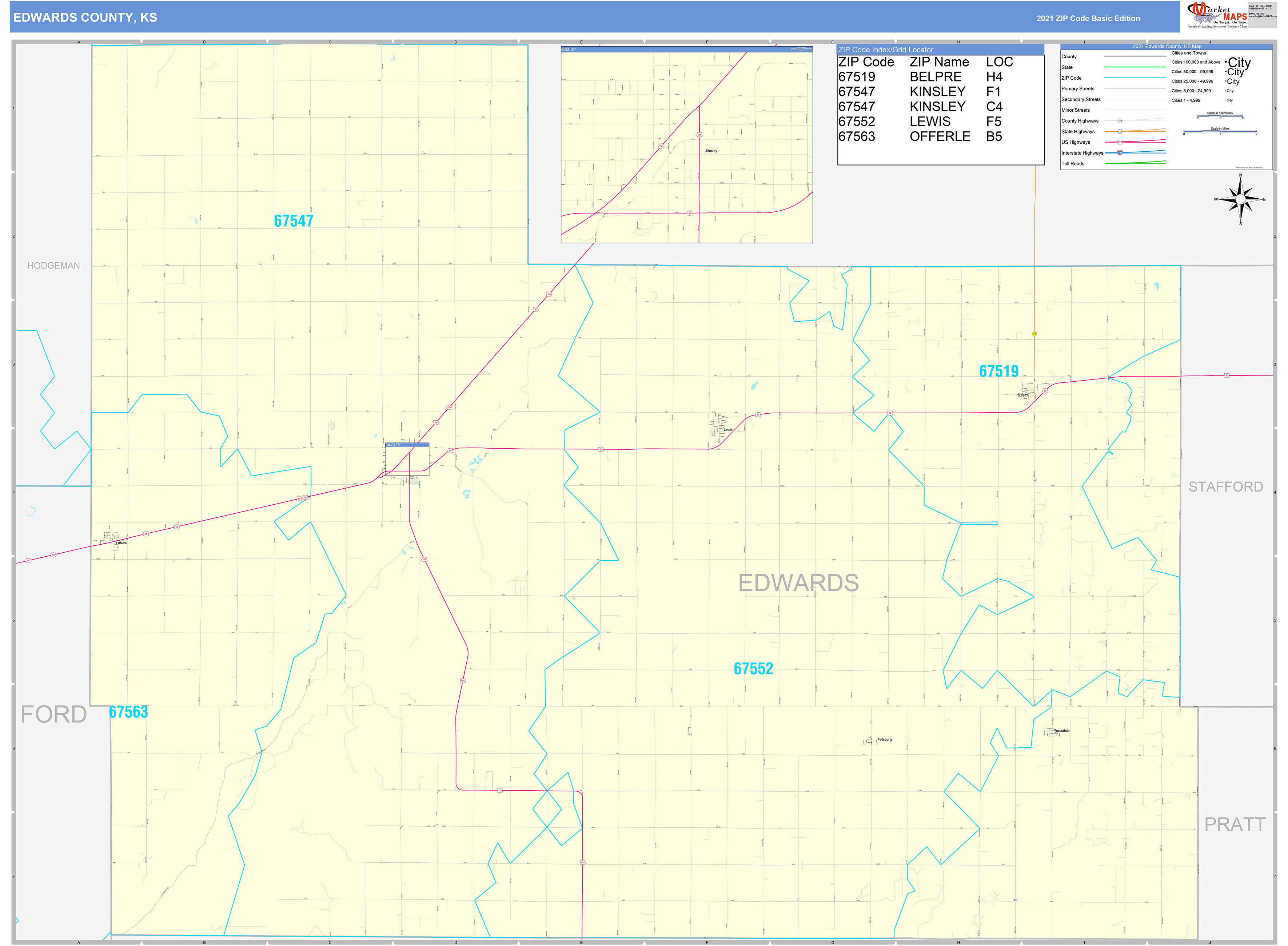 Edwards County, KS Zip Code Wall Map Basic Style by MarketMAPS