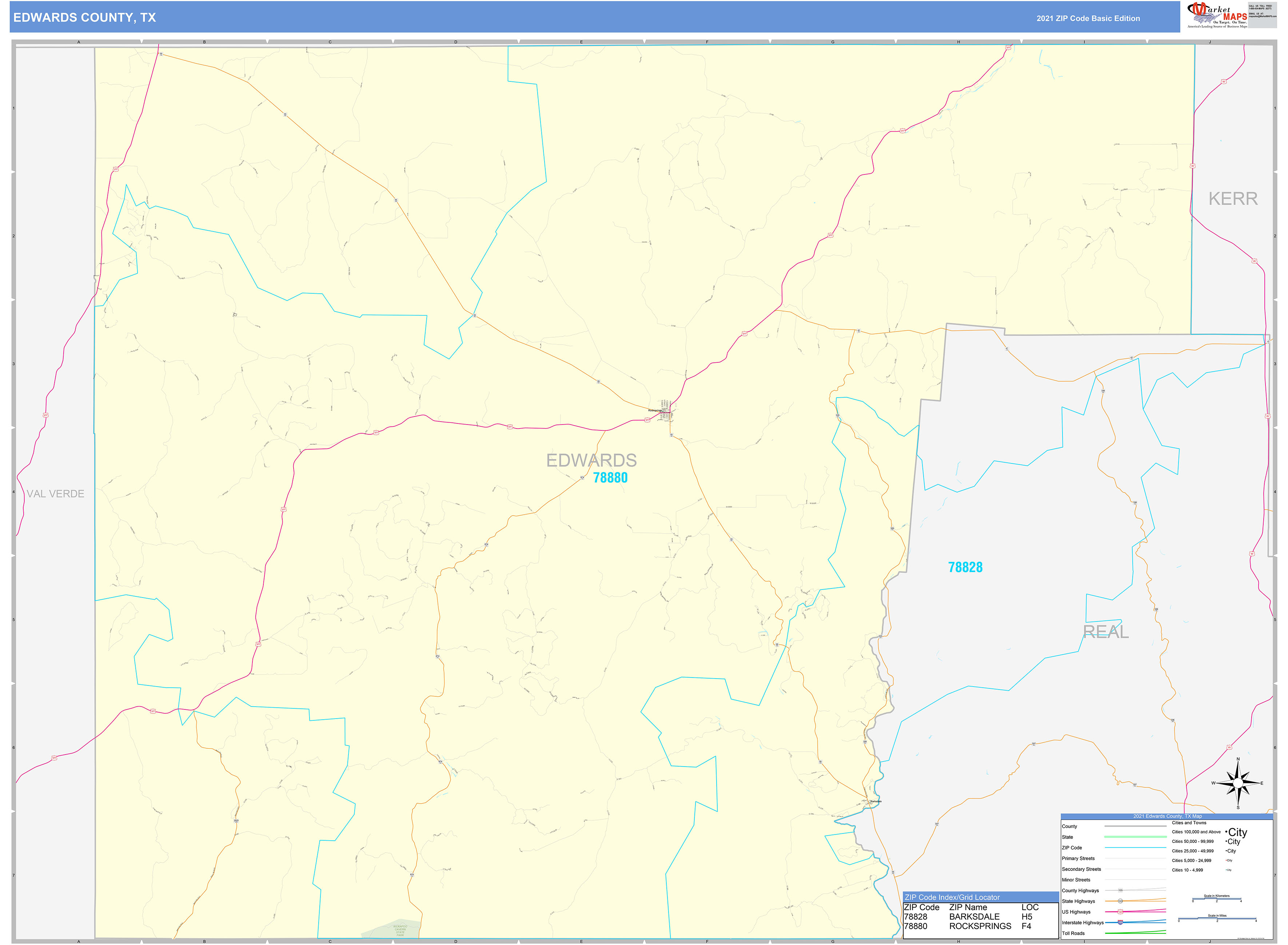 Edwards County, TX Zip Code Wall Map Basic Style by MarketMAPS