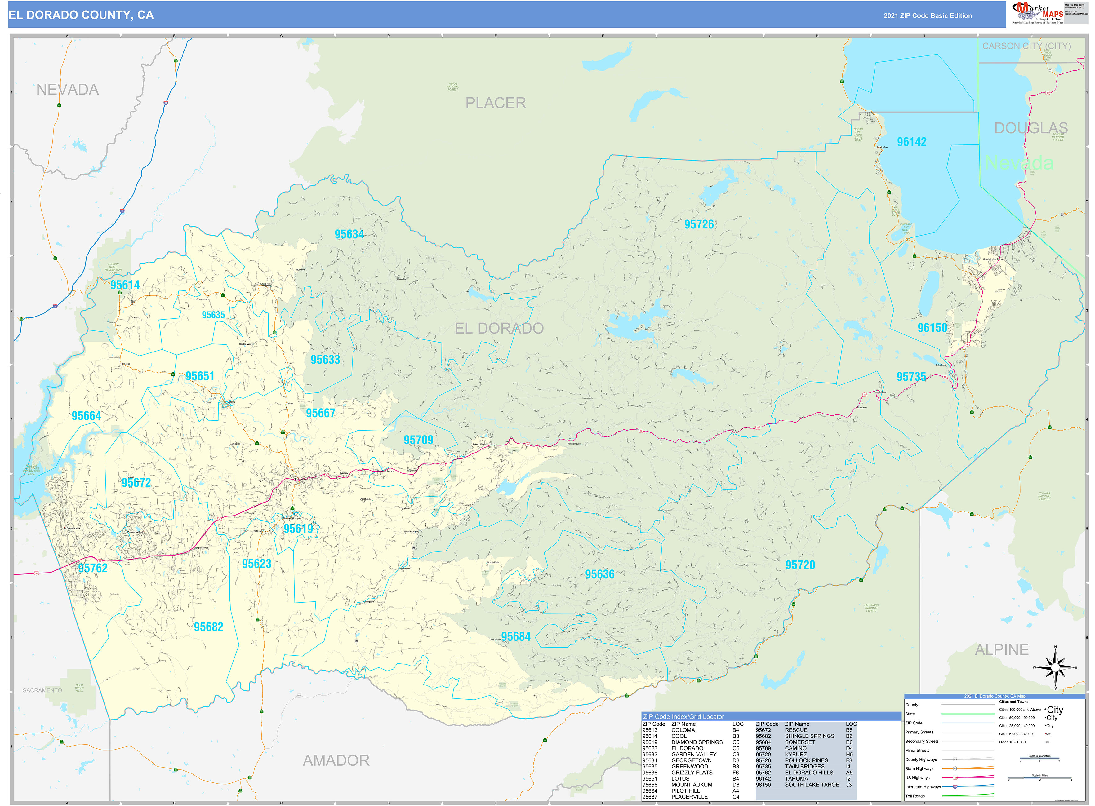 El Dorado County, CA Zip Code Wall Map Basic Style by MarketMAPS