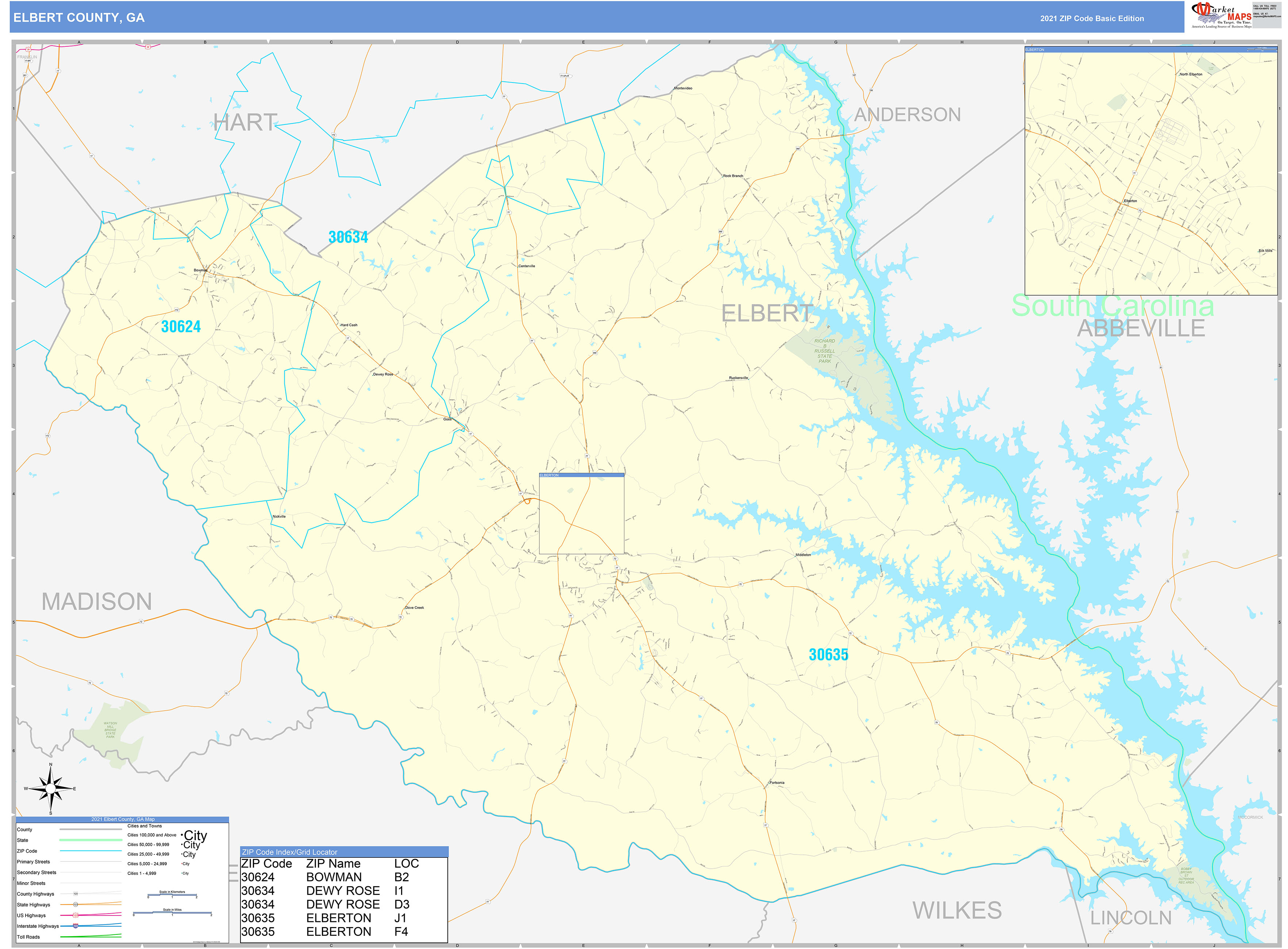 Elbert County, GA Zip Code Wall Map Basic Style by MarketMAPS