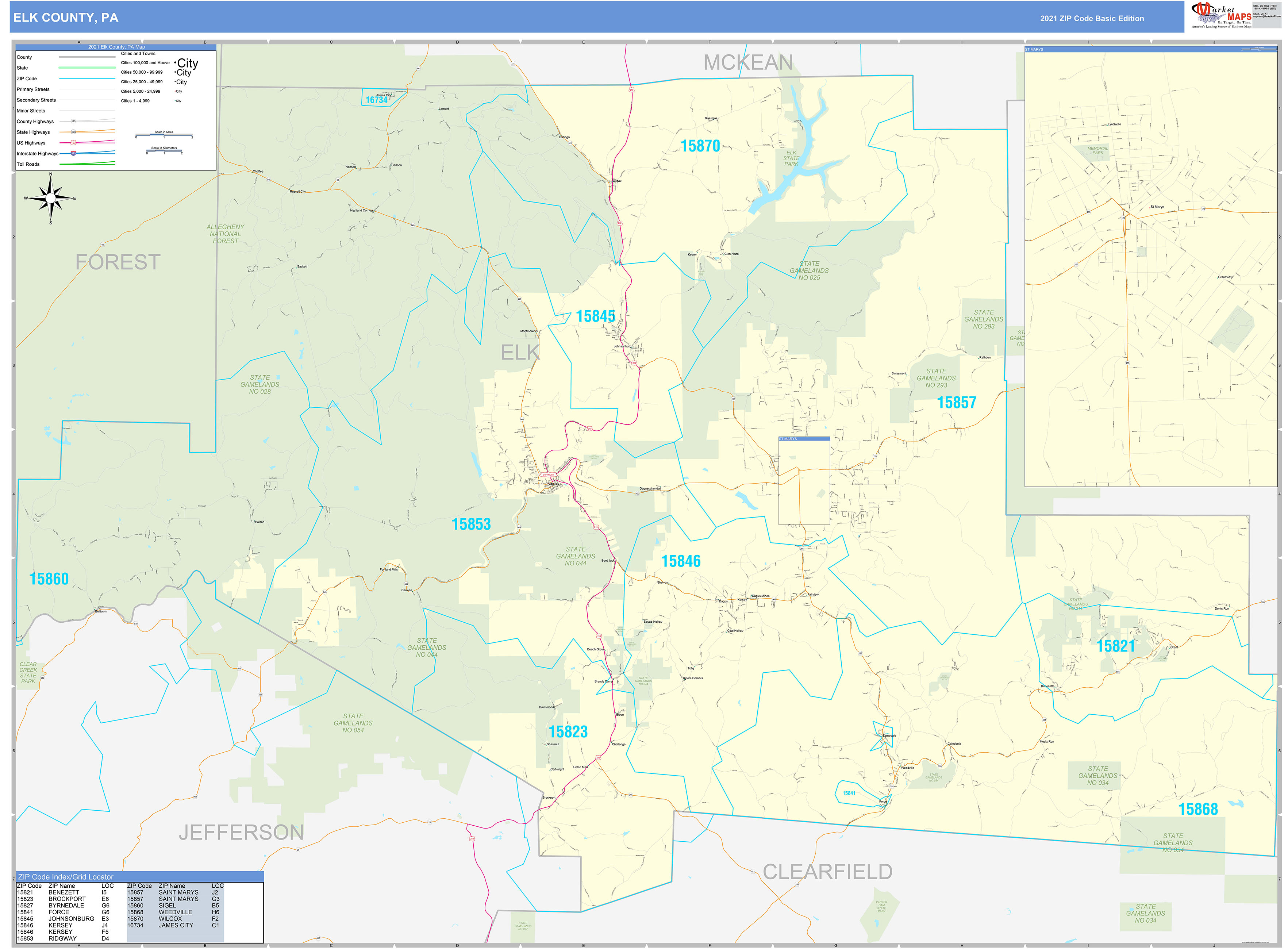 Elk County, PA Zip Code Wall Map Basic Style by MarketMAPS MapSales