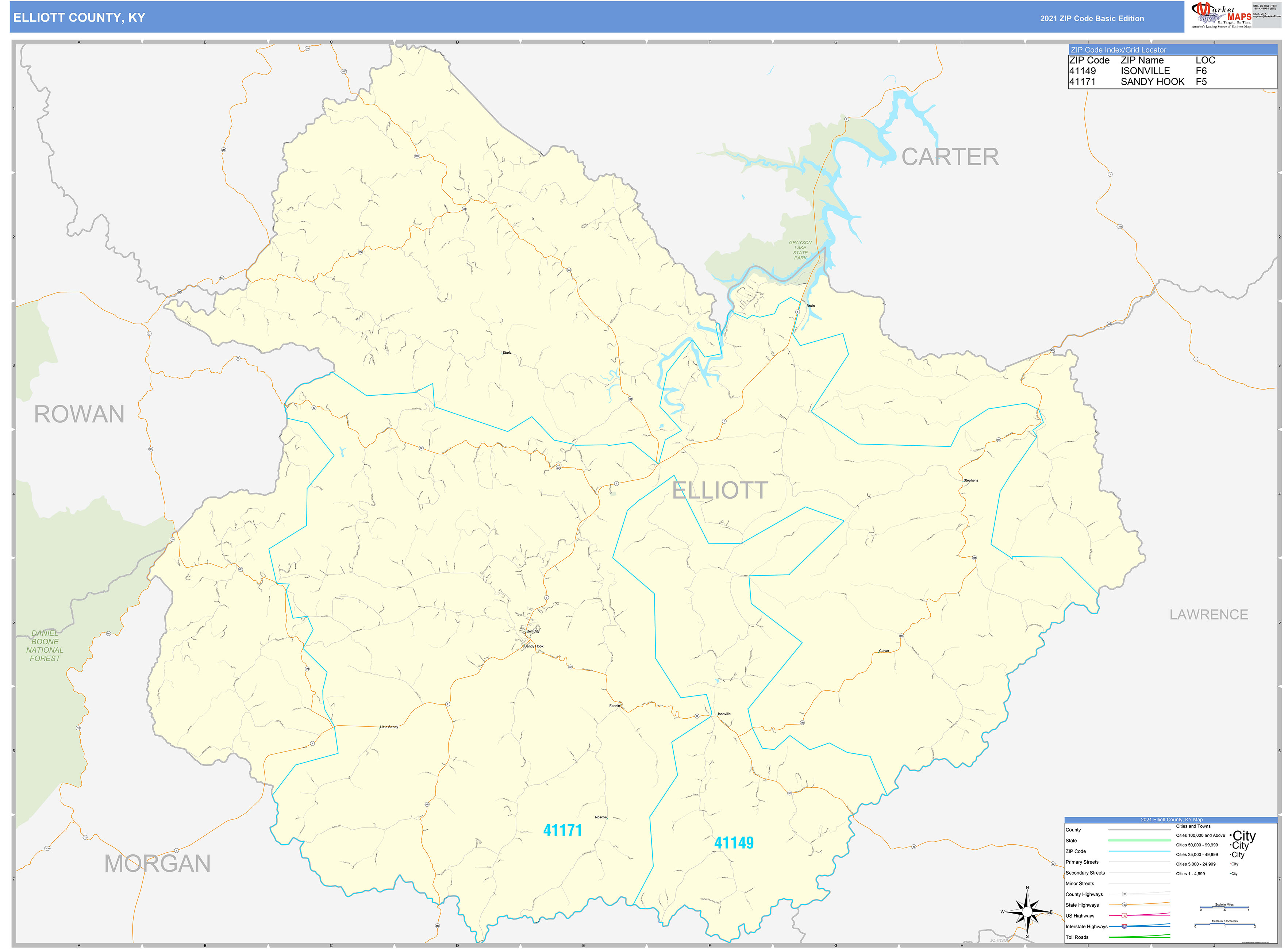 Elliott County, KY Zip Code Wall Map Basic Style by MarketMAPS