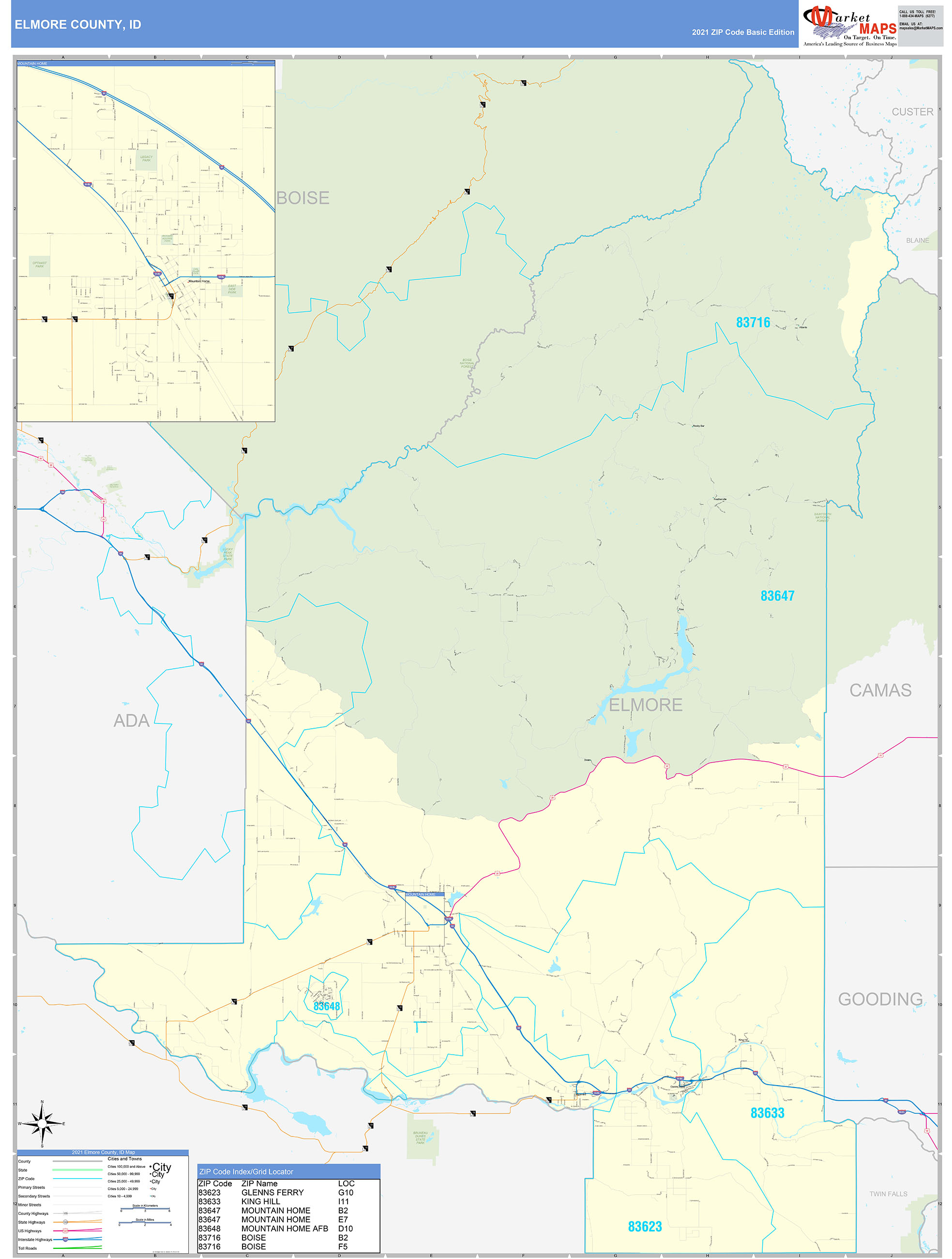 Elmore County, ID Zip Code Wall Map Basic Style by MarketMAPS