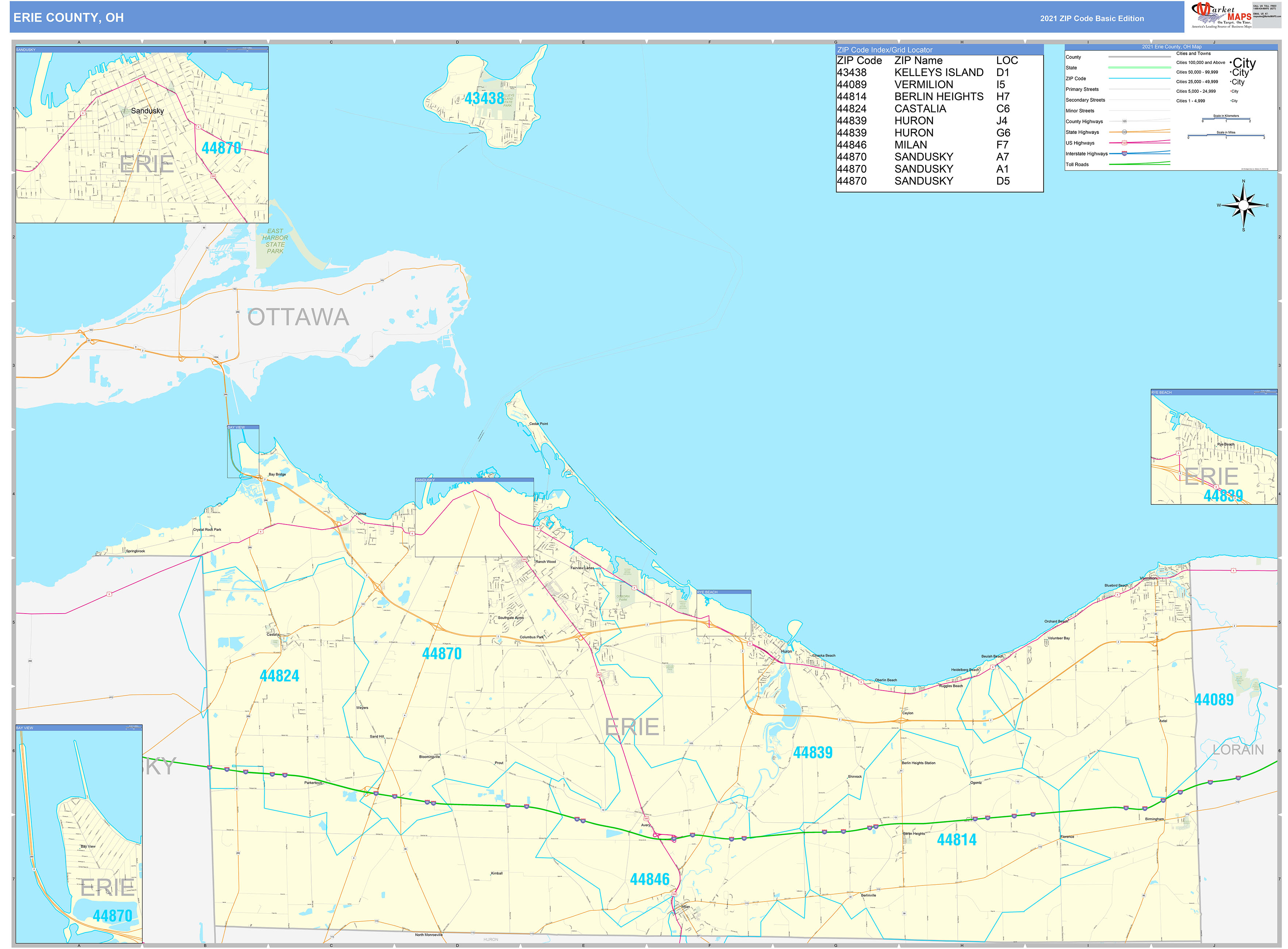 Erie County, OH Zip Code Wall Map Basic Style by MarketMAPS MapSales