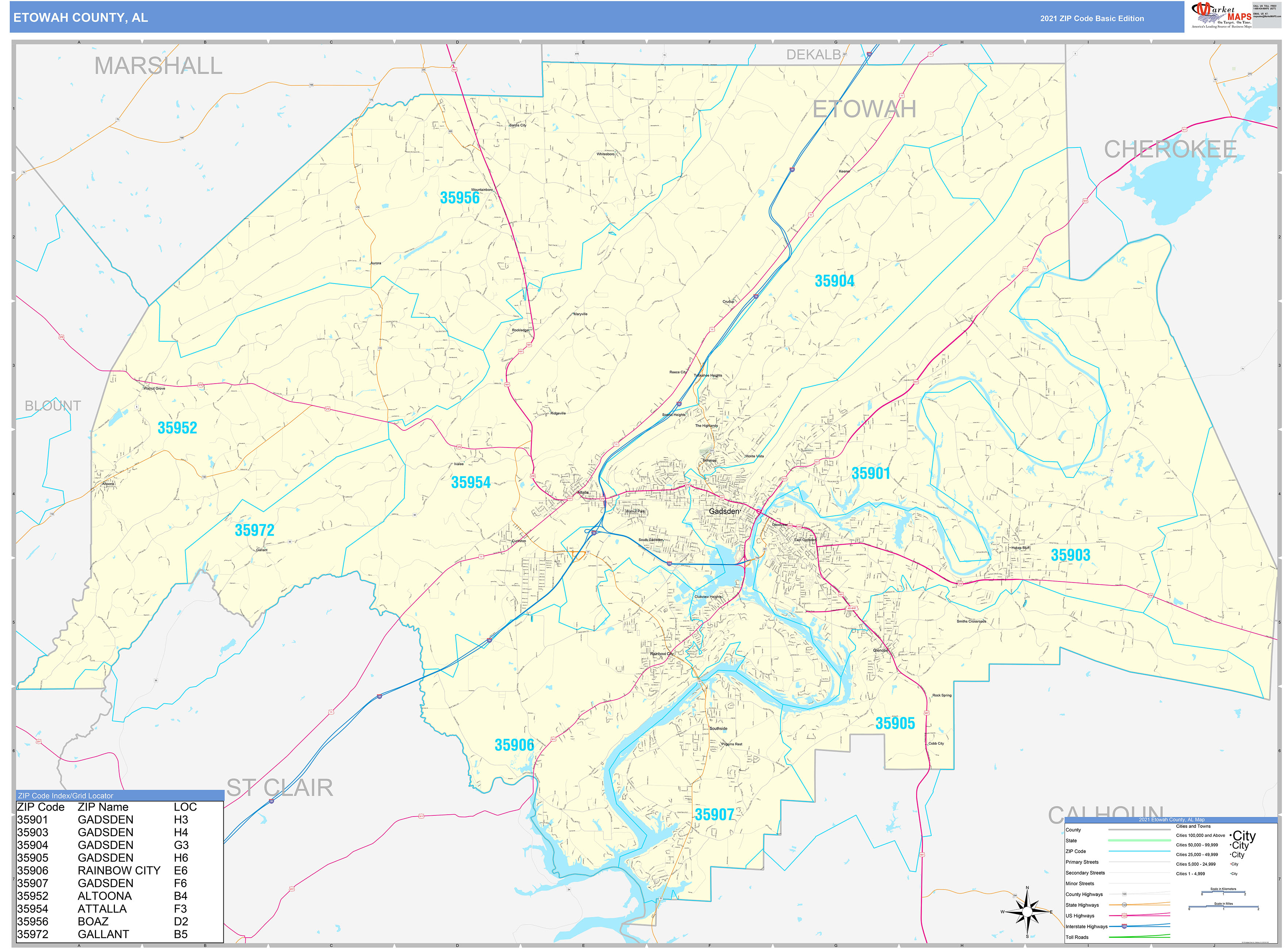 Etowah County, AL Zip Code Wall Map Basic Style by MarketMAPS