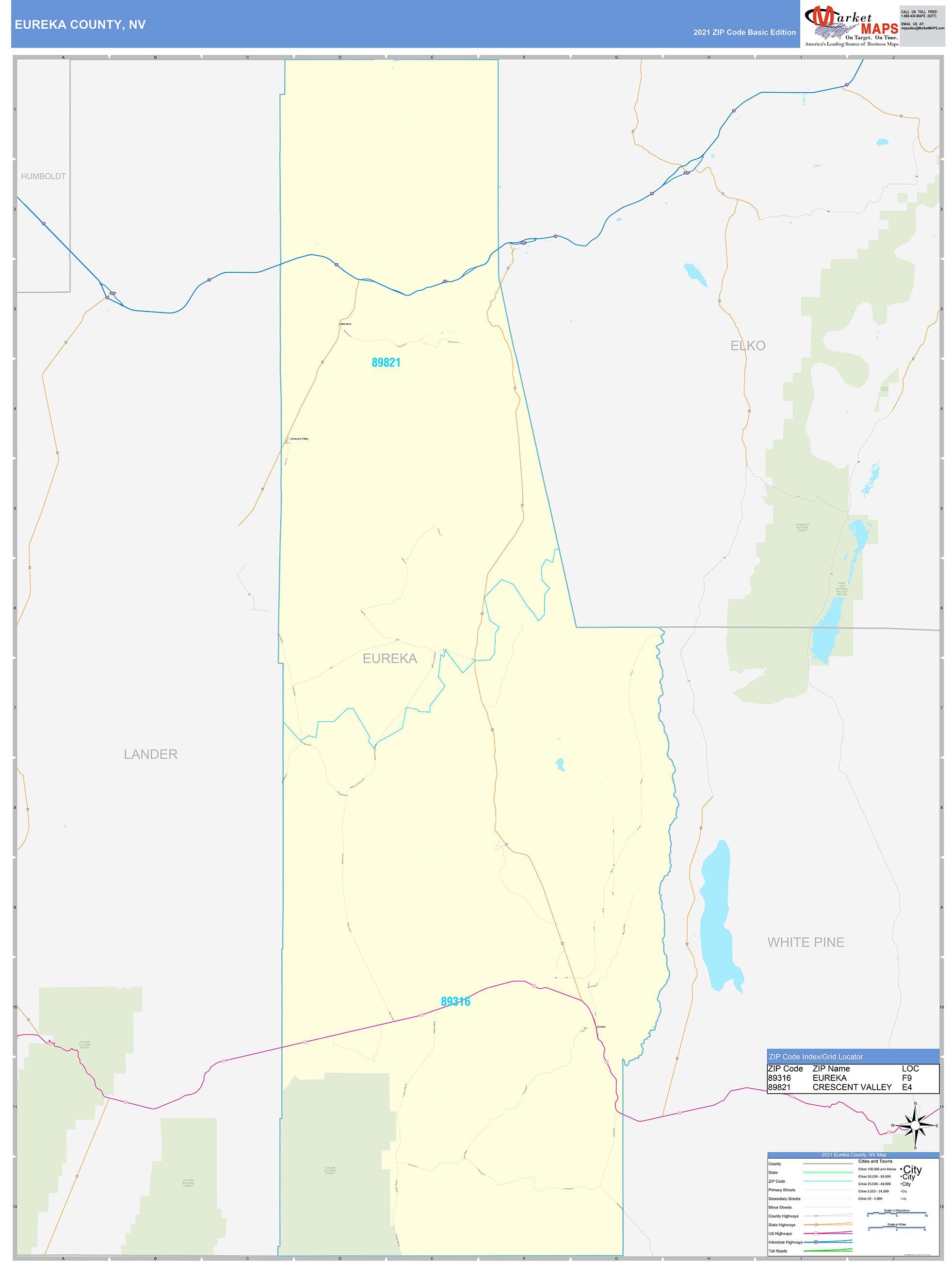 Eureka County, NV Zip Code Wall Map Basic Style by MarketMAPS MapSales