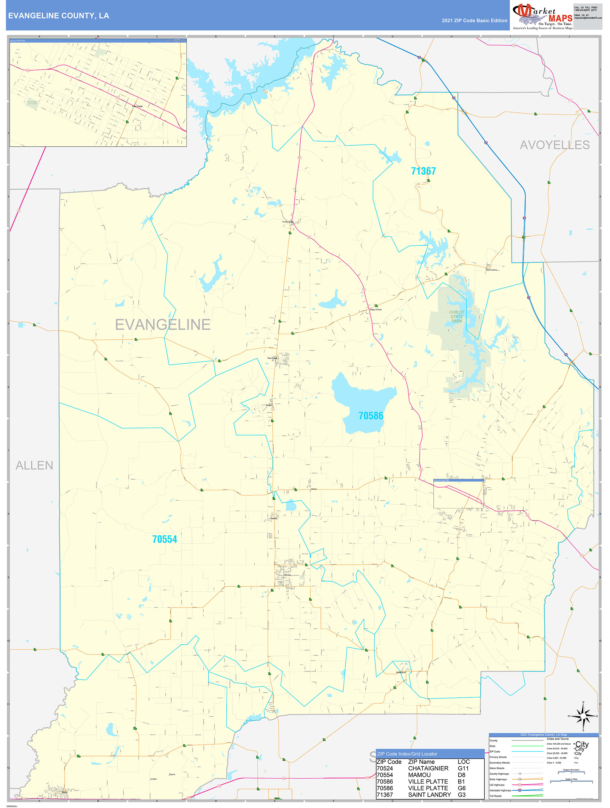 Evangeline County, LA Zip Code Wall Map Basic Style by MarketMAPS