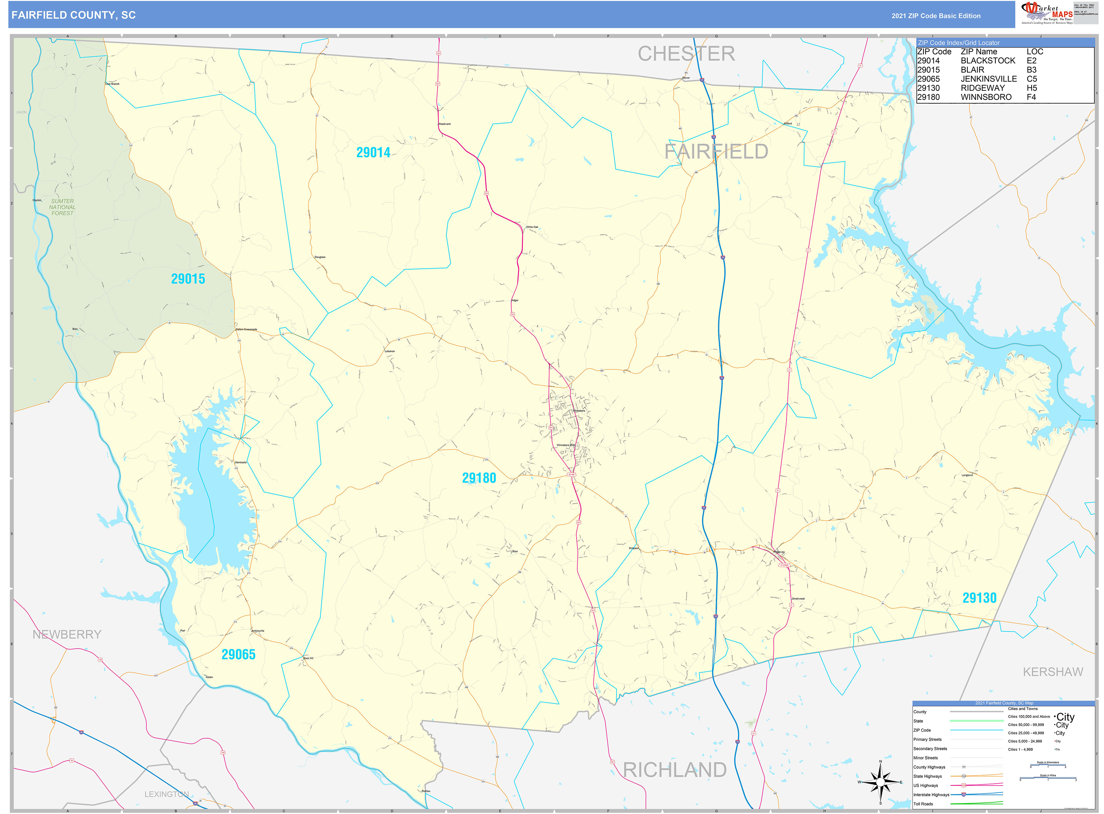 Fairfield County, SC Zip Code Wall Map Basic Style by MarketMAPS MapSales
