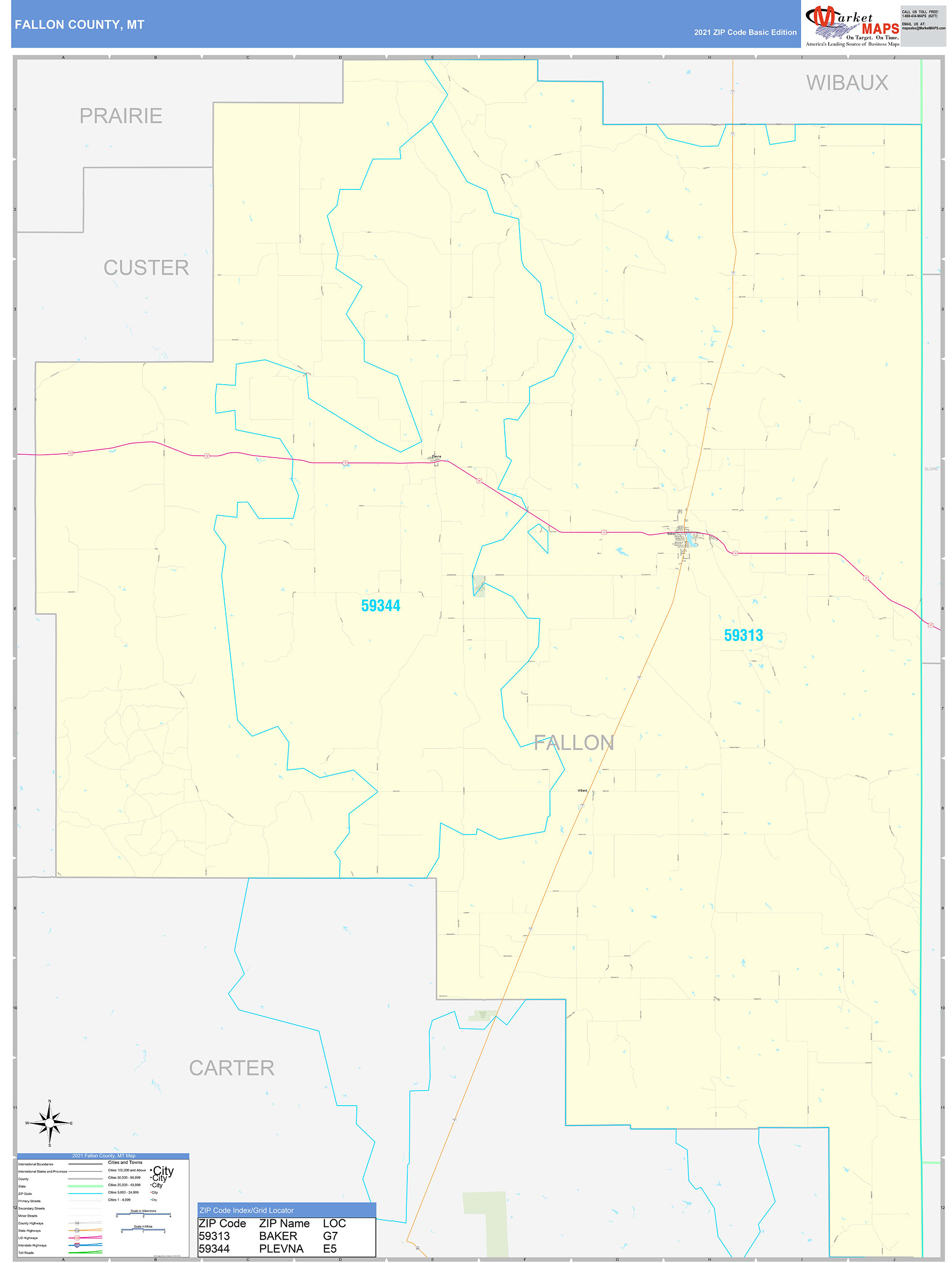 Fallon County, MT Zip Code Wall Map Basic Style by MarketMAPS ...
