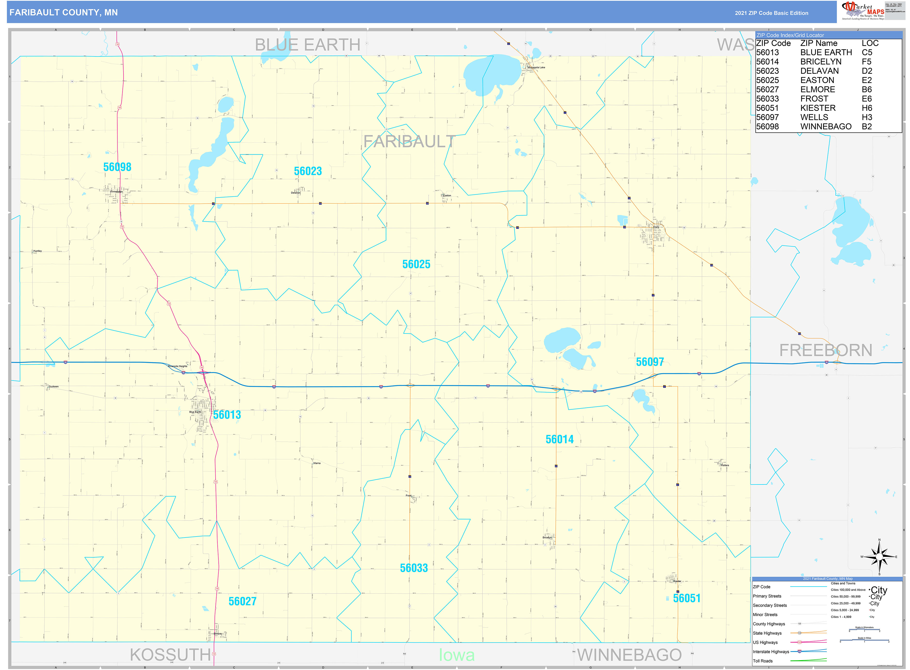Faribault County, MN Zip Code Wall Map Basic Style by MarketMAPS