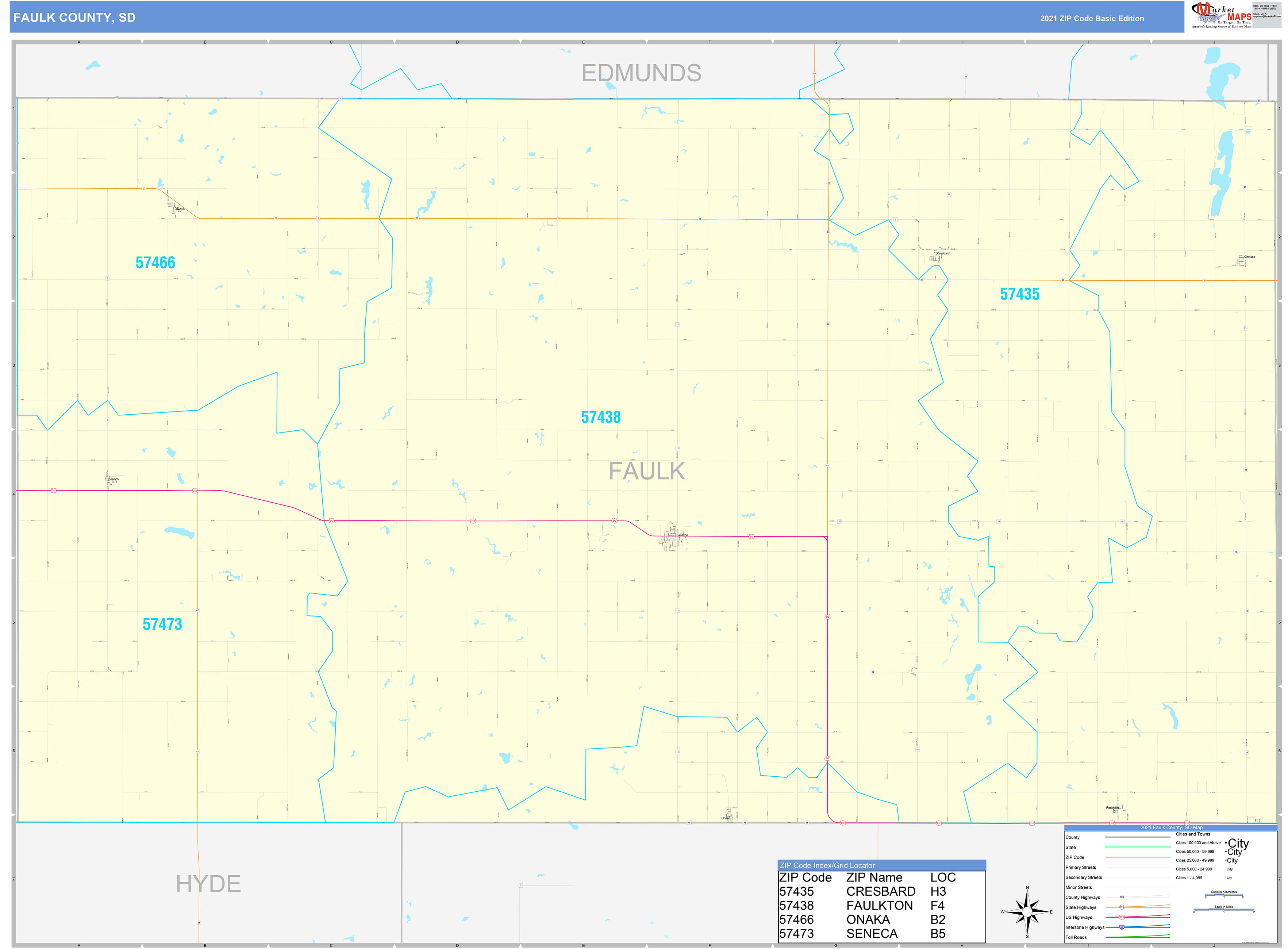 Faulk County, SD Zip Code Wall Map Basic Style by MarketMAPS