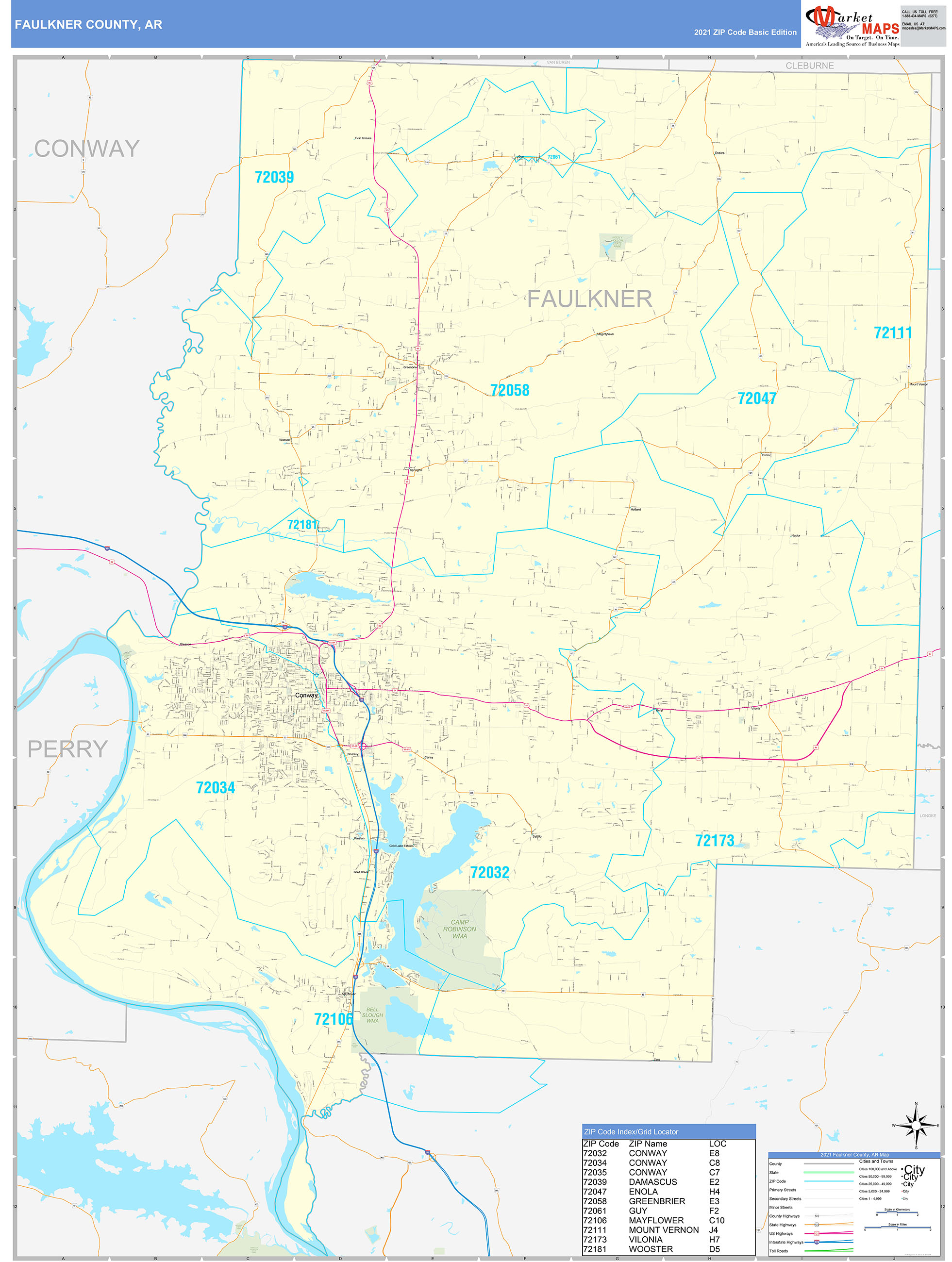 Faulkner County, AR Zip Code Wall Map Basic Style by MarketMAPS MapSales