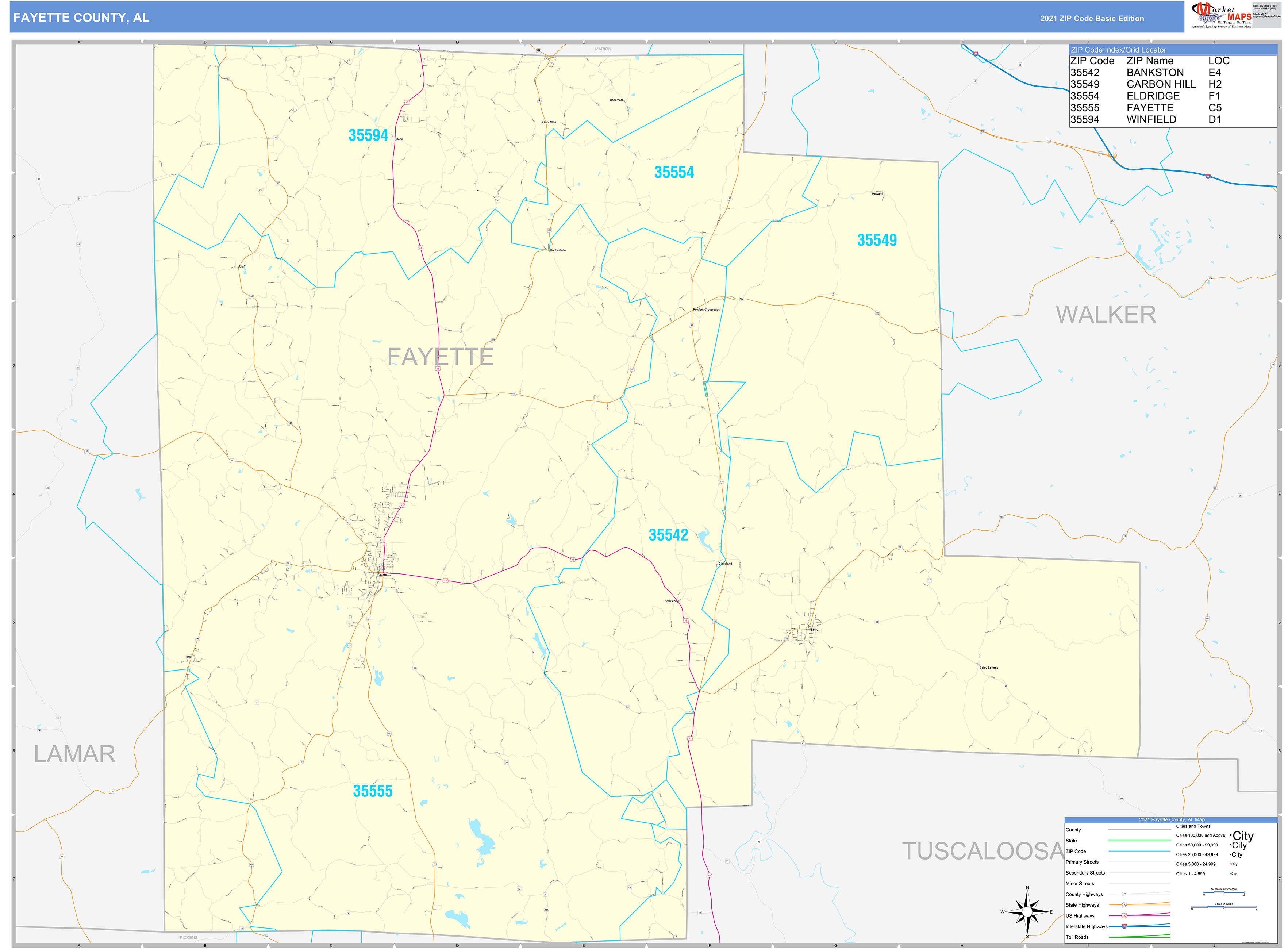 Fayette County, AL Zip Code Wall Map Basic Style by MarketMAPS
