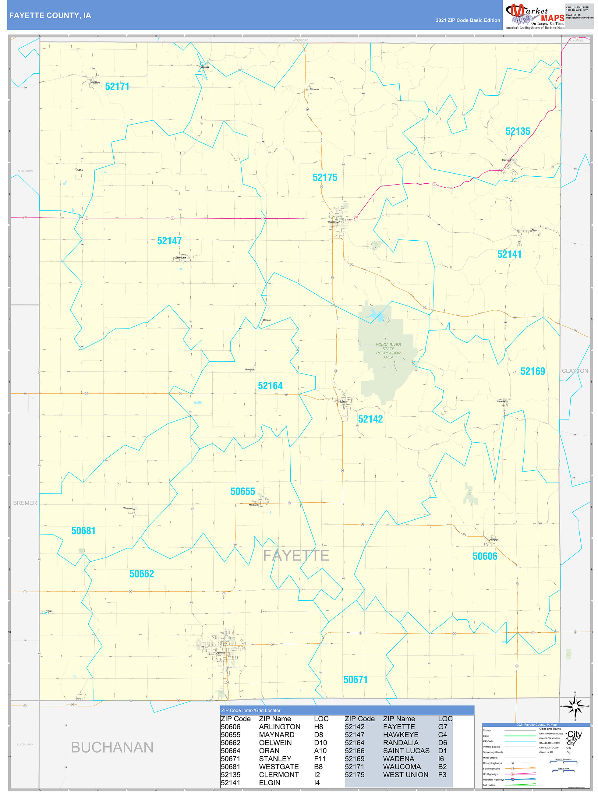 Fayette County, IA Zip Code Wall Map Basic Style by MarketMAPS MapSales