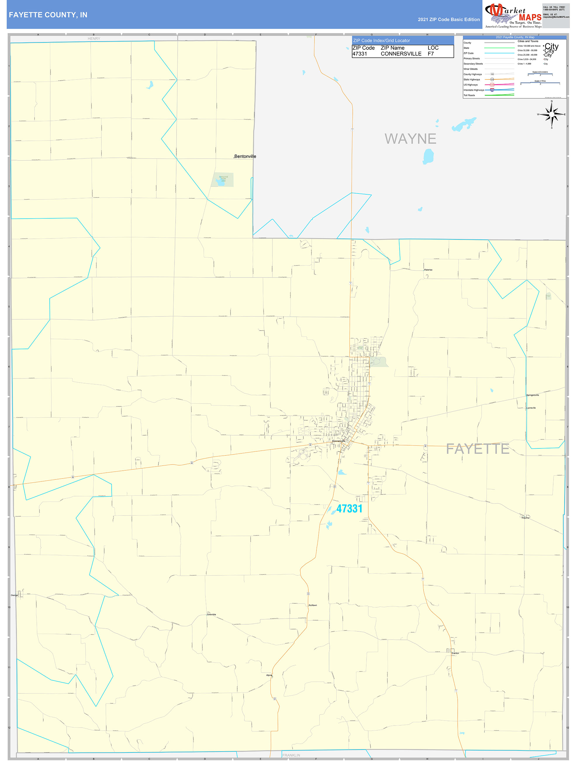 Fayette County, IN Zip Code Wall Map Basic Style by MarketMAPS