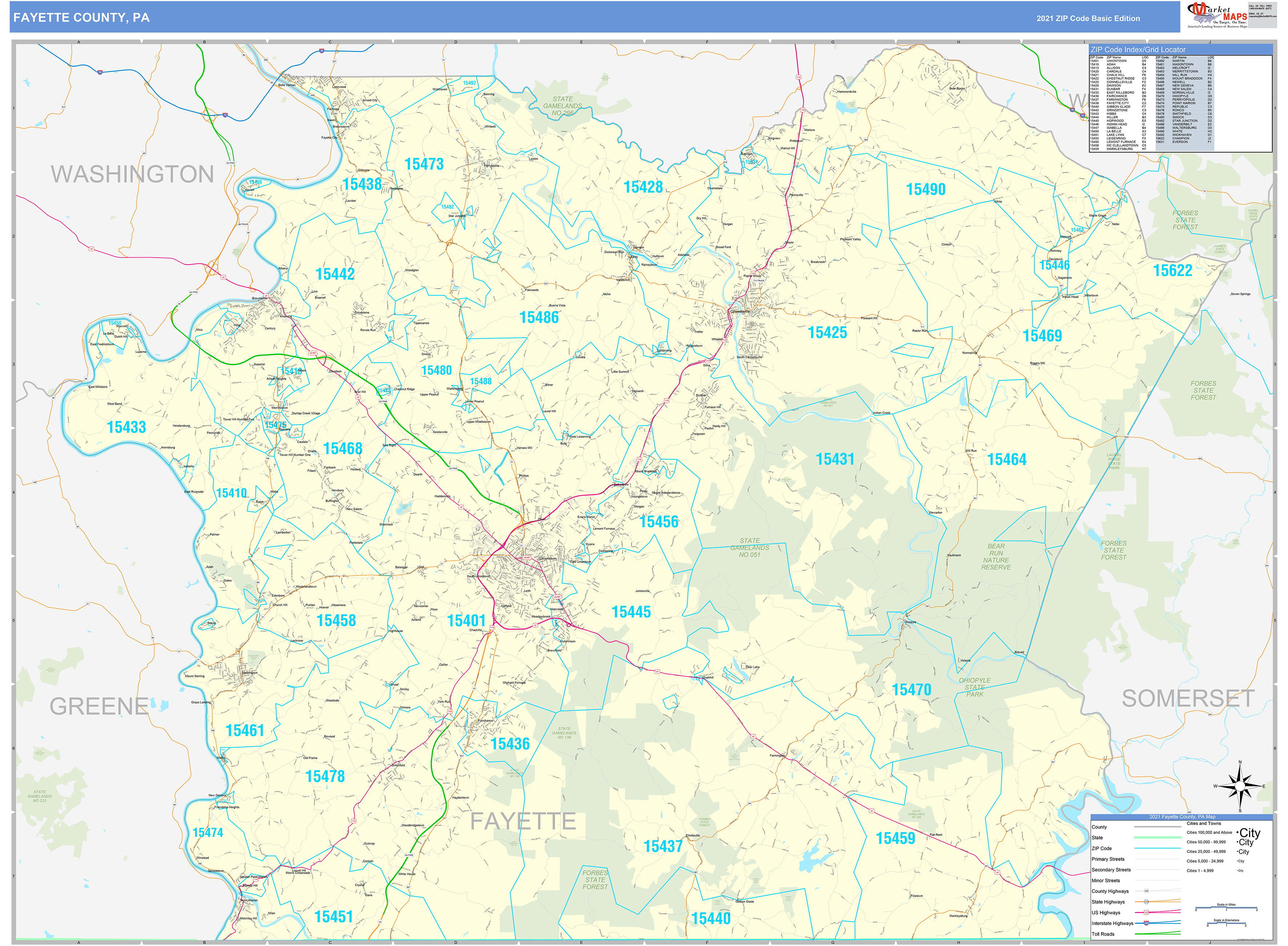 Fayette County, PA Zip Code Wall Map Basic Style by MarketMAPS MapSales