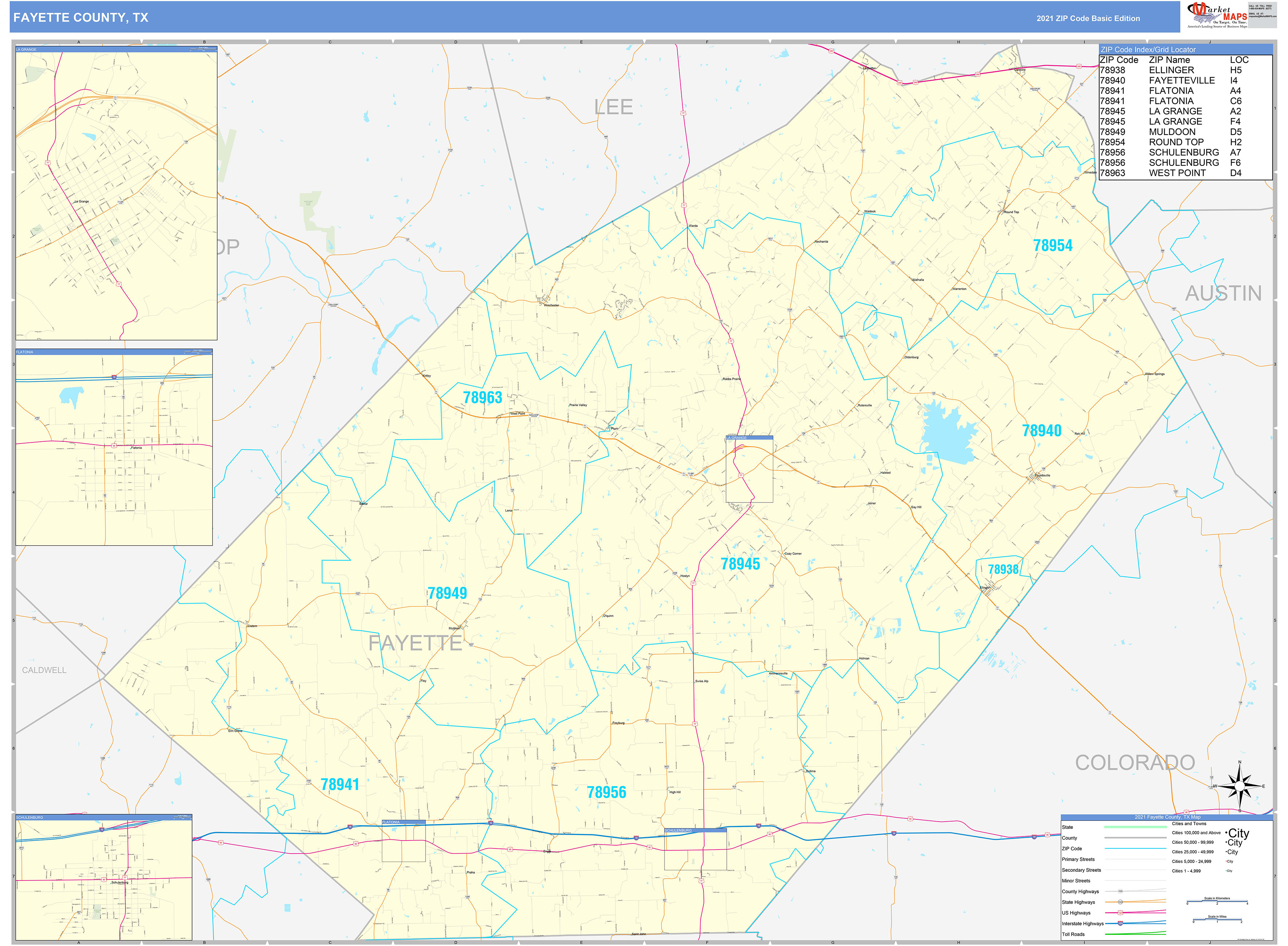 Fayette County, TX Zip Code Wall Map Basic Style by MarketMAPS MapSales