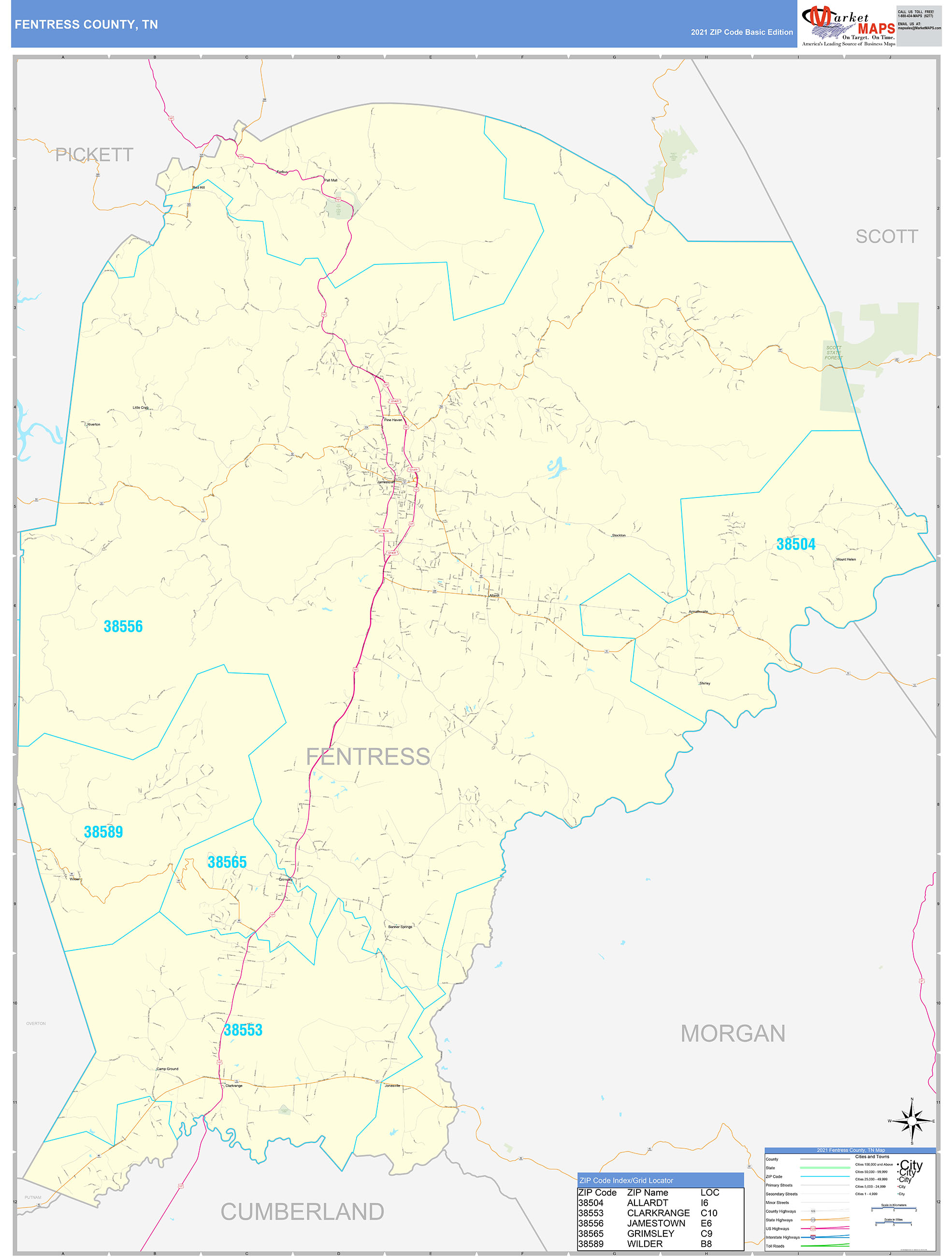Fentress County, TN Zip Code Wall Map Basic Style by MarketMAPS