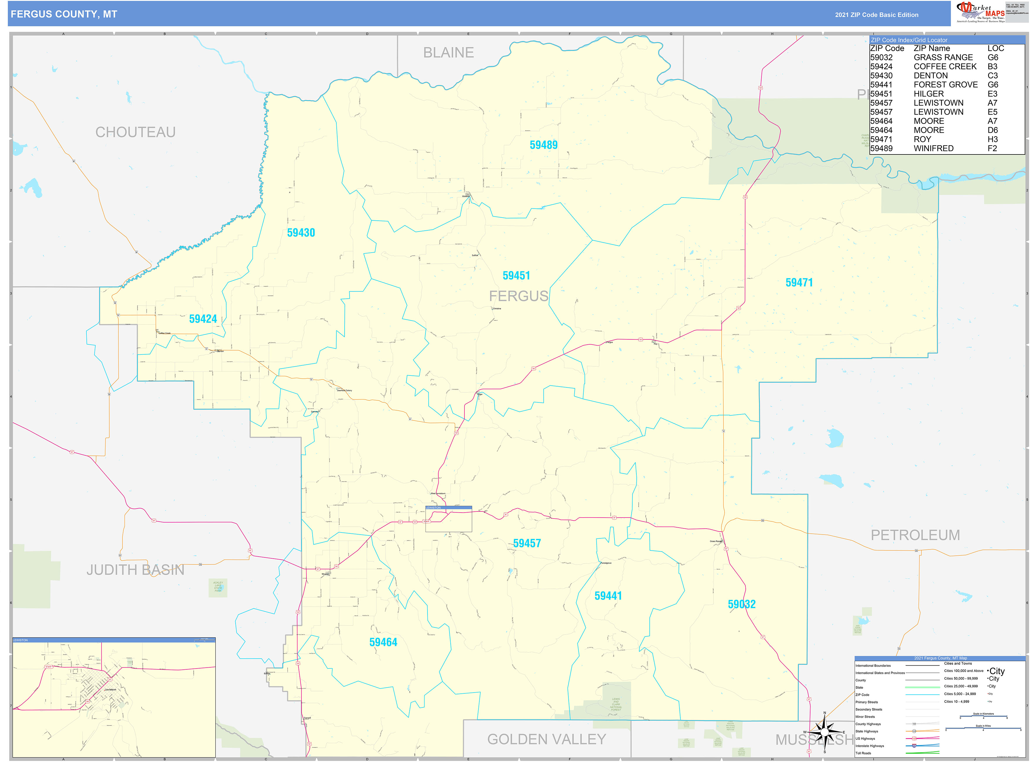 Fergus County, MT Zip Code Wall Map Basic Style by MarketMAPS