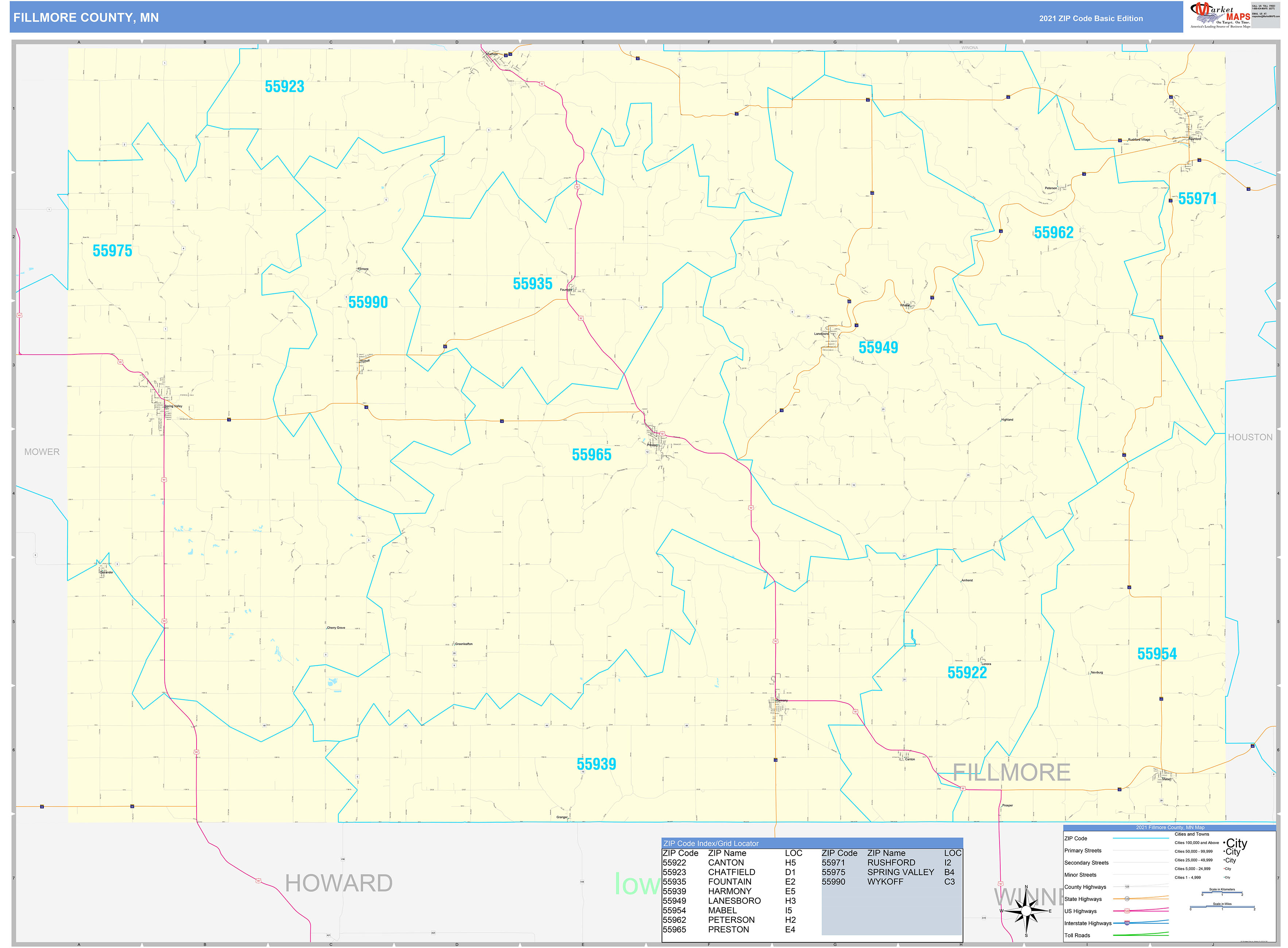 Fillmore County, MN Zip Code Wall Map Basic Style by MarketMAPS