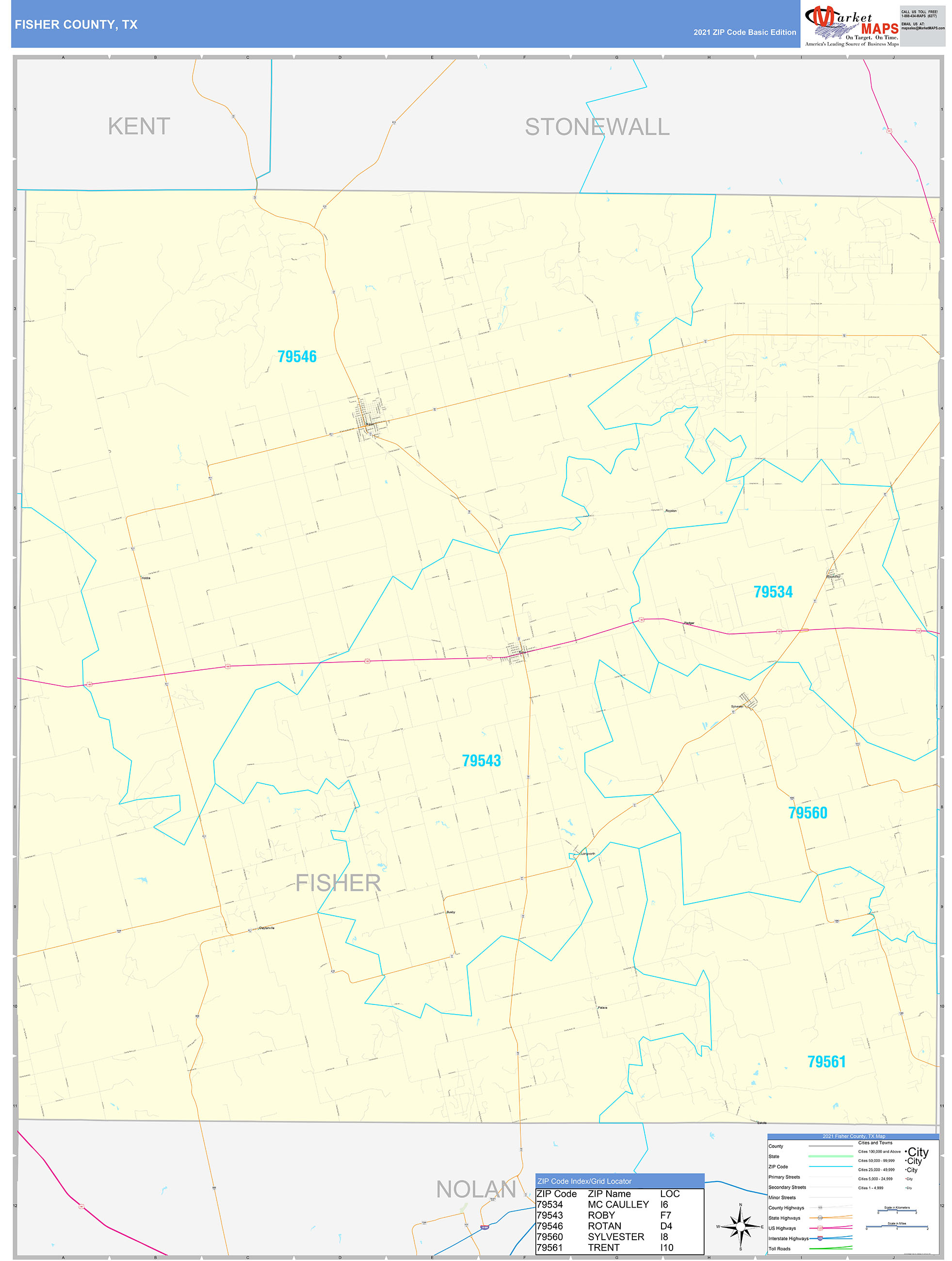 Fisher County, TX Zip Code Wall Map Basic Style by MarketMAPS