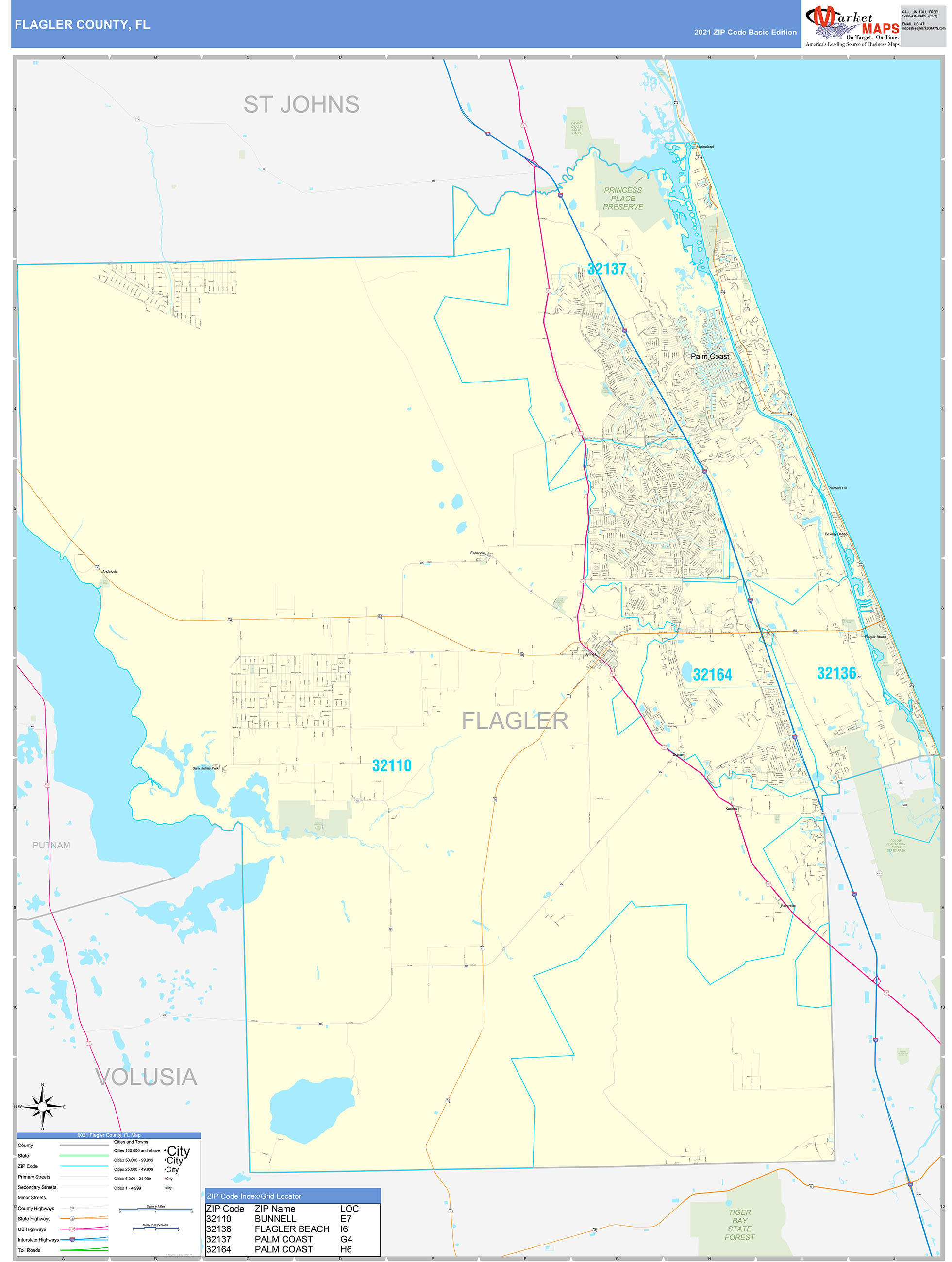 Flagler County, FL Zip Code Wall Map Basic Style by MarketMAPS MapSales