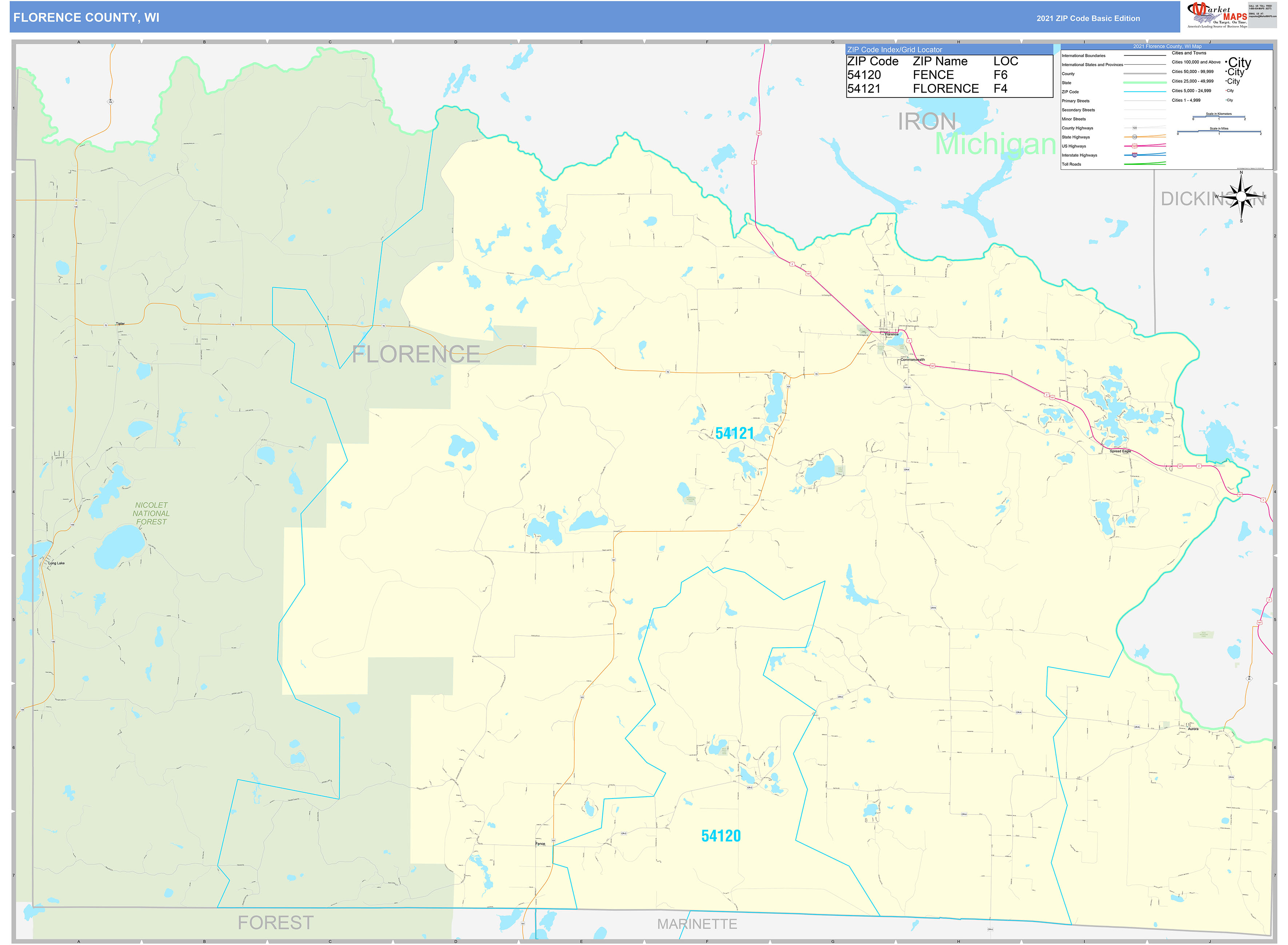 Florence County, WI Zip Code Wall Map Basic Style by MarketMAPS MapSales